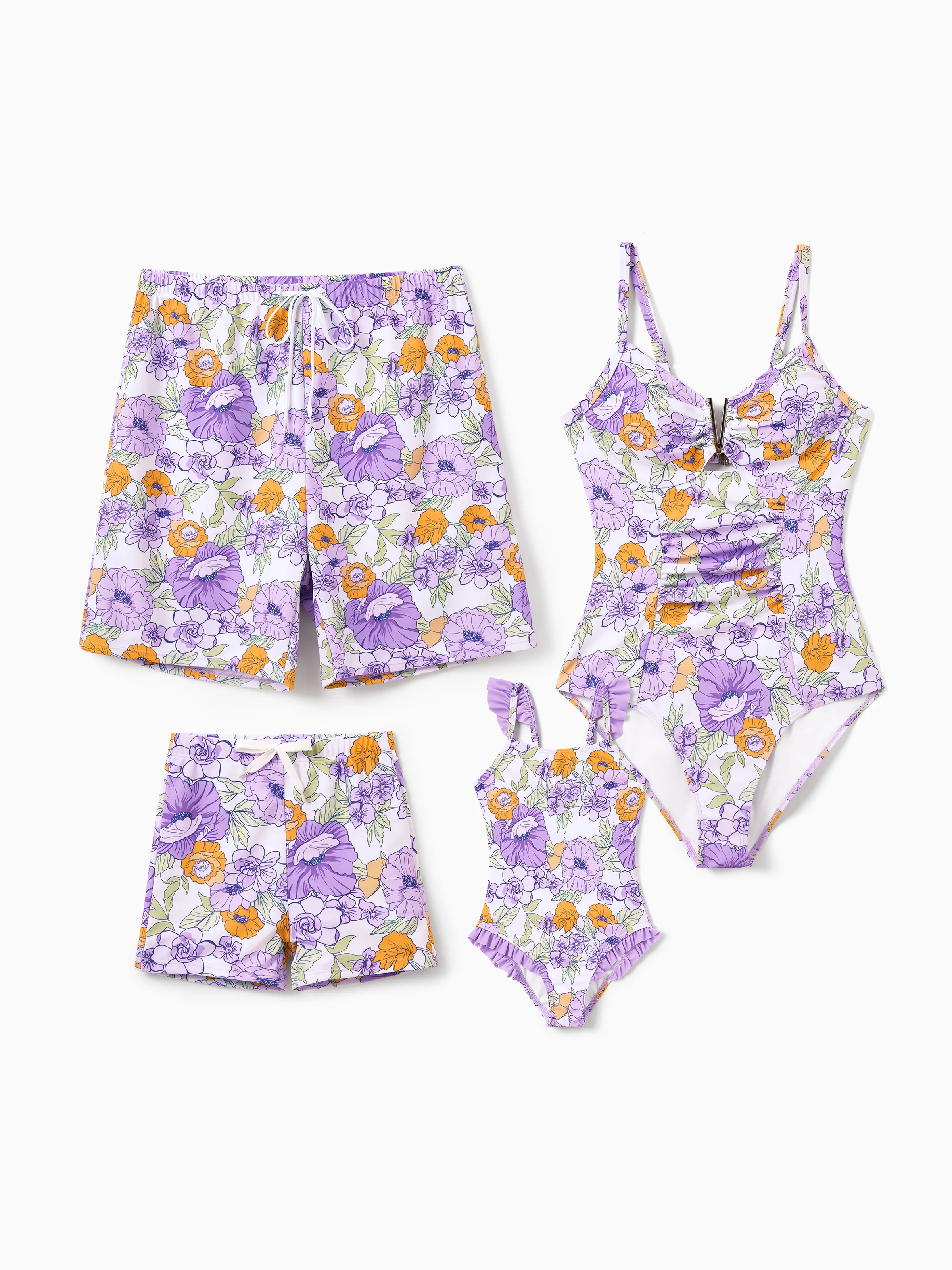 Daddy & Daughter Floral Print Swimsuits Ruffled One-Piece Bathing Suit & Swim Trunks Set Purple - Image 3