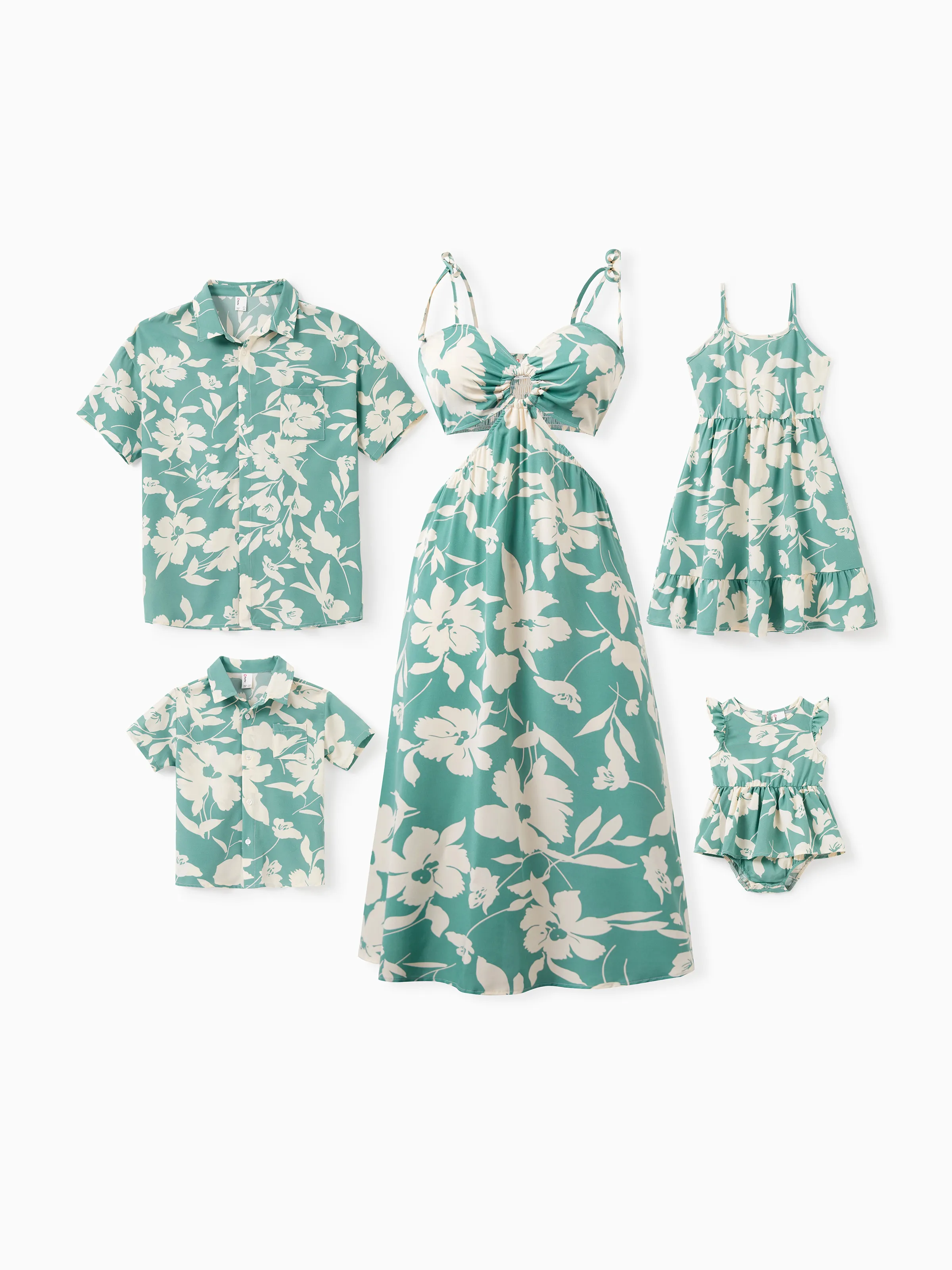Daddy & Daughter Leaf Print Green Short-sleeve Shirt or Sling Shirred Dress Set Green - Image 2