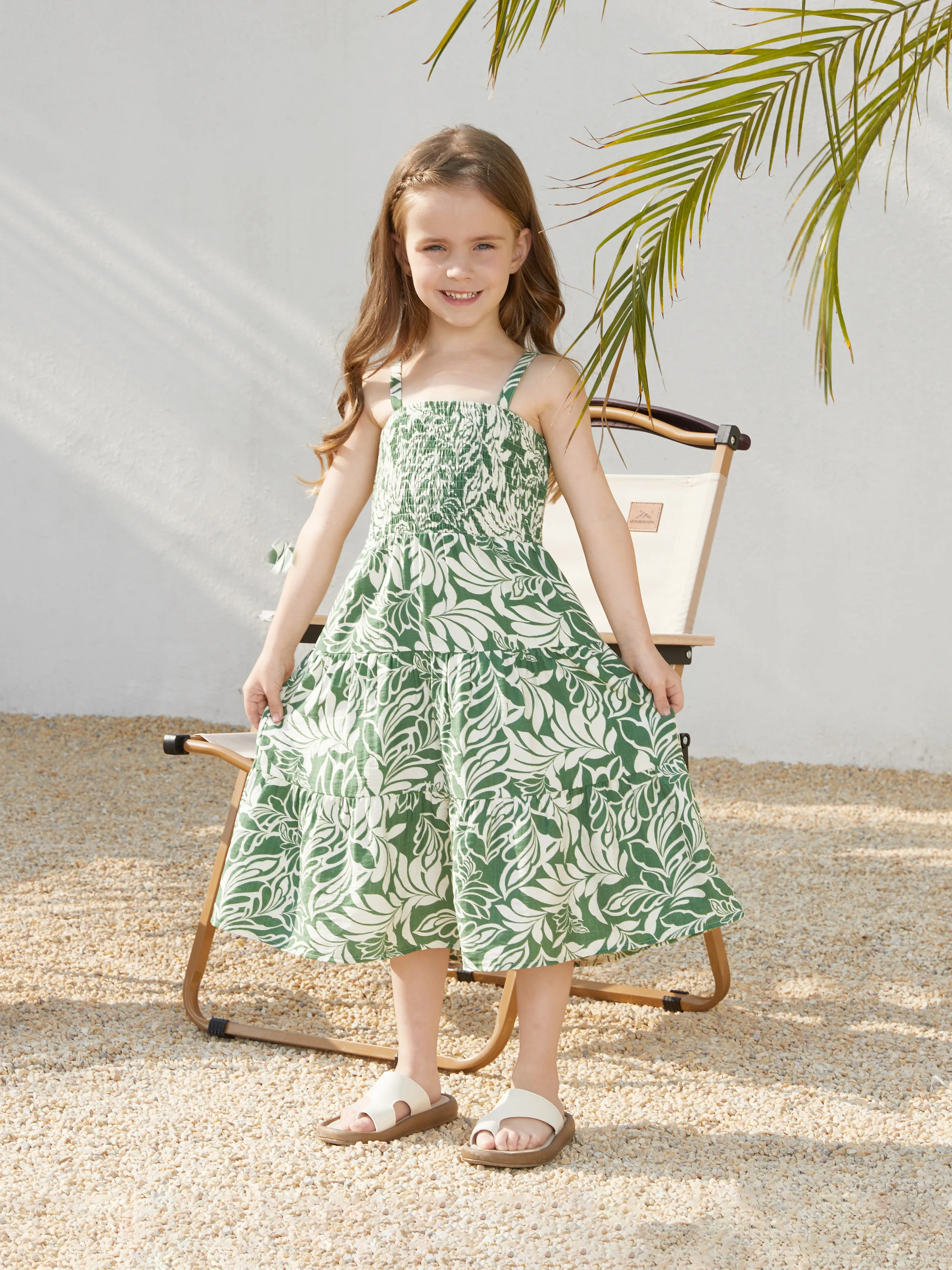 Daddy & Daughter Leaf Print Short-sleeve Shirt or Halter Dress Green Set Green - Image 9