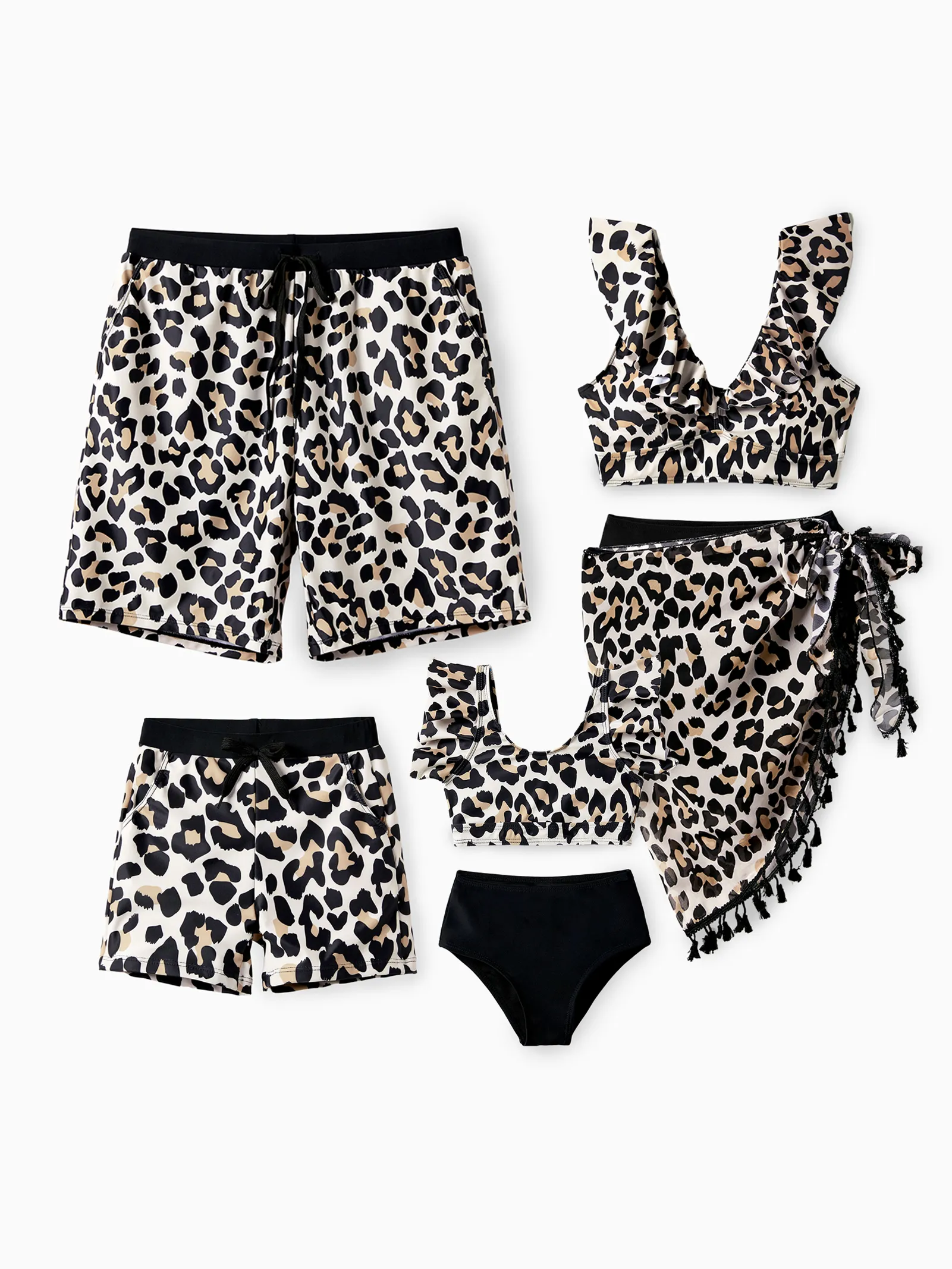 Daddy & Daughter Leopard Pattern Drawstring Swim Trunks or Ruffle Neck Two-Piece Bikini with Optional Cover Up Sarong Skirt Black - Image 2