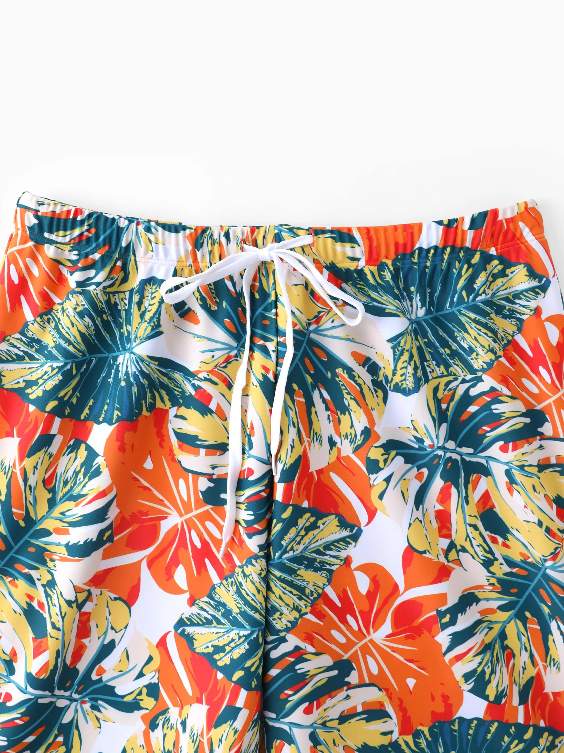 Daddy & Daughter Orange and All Over Tropical Plant Print Splicing Ruffle One-Piece Swimsuit and Swim Trunks Shorts Orange color - Image 5