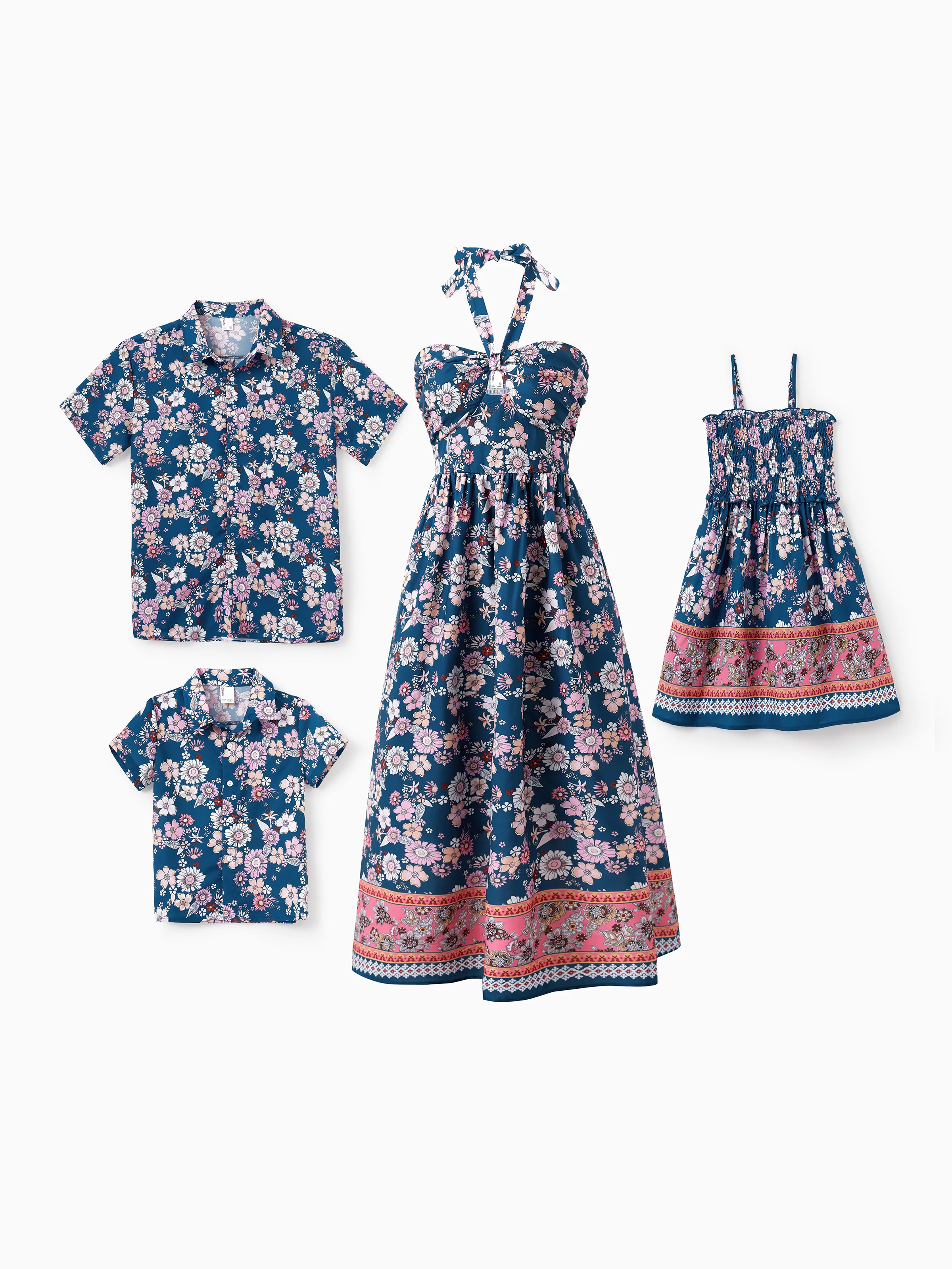 Daddy & Daughter outfits Floral Allover Print Short-sleeve Collar Shirt or Halter Sleeveless Dress for Summer Vacation CYAN- - Image 2