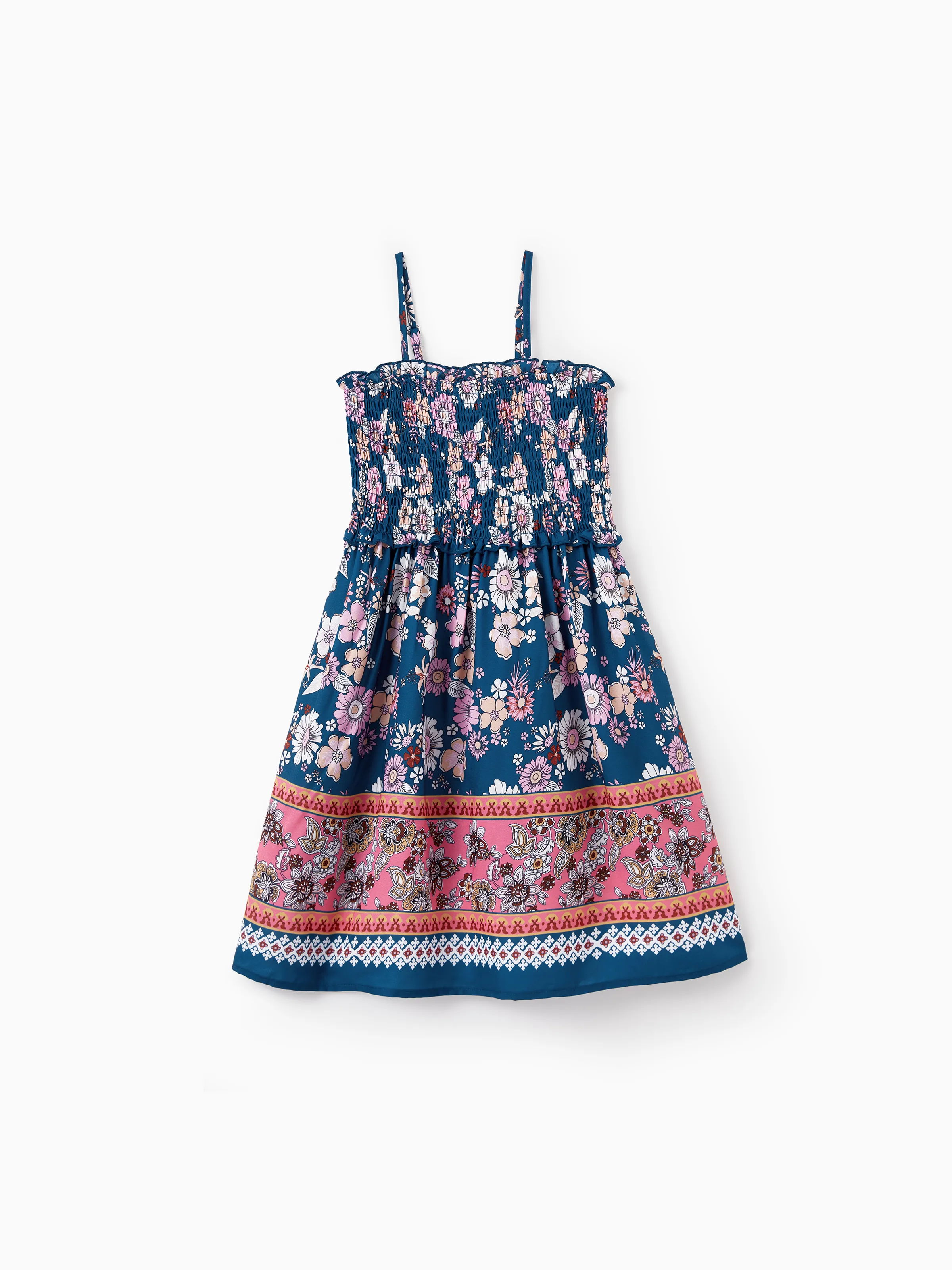 Daddy & Daughter outfits Floral Allover Print Short-sleeve Collar Shirt or Halter Sleeveless Dress for Summer Vacation CYAN- - Image 8