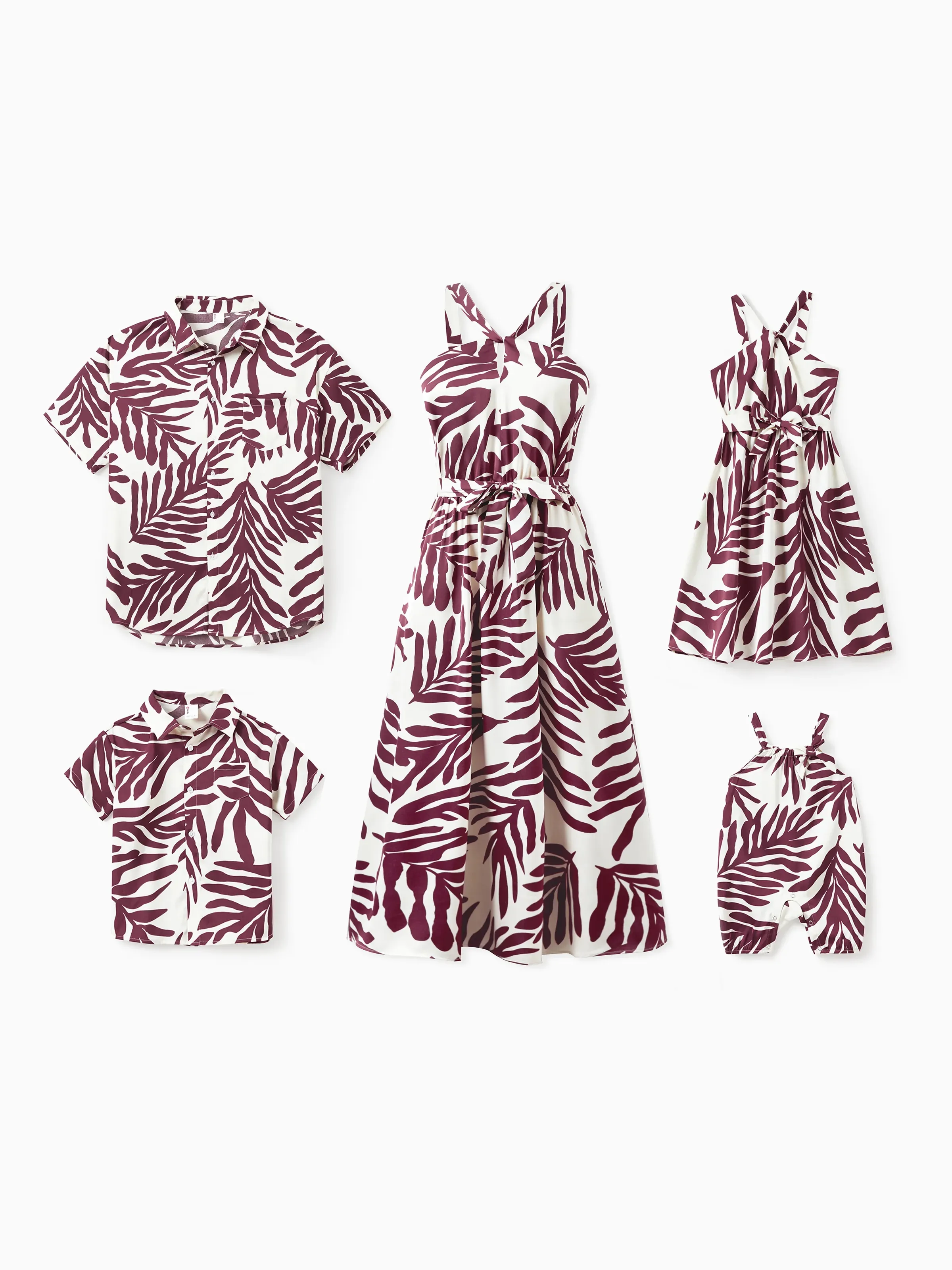 Daddy & Daughter Outfits Red Leaf Print Shirts and Strap Belted Dress for Hawaii/Cruise/Resort/Casual Wear White - Image 2