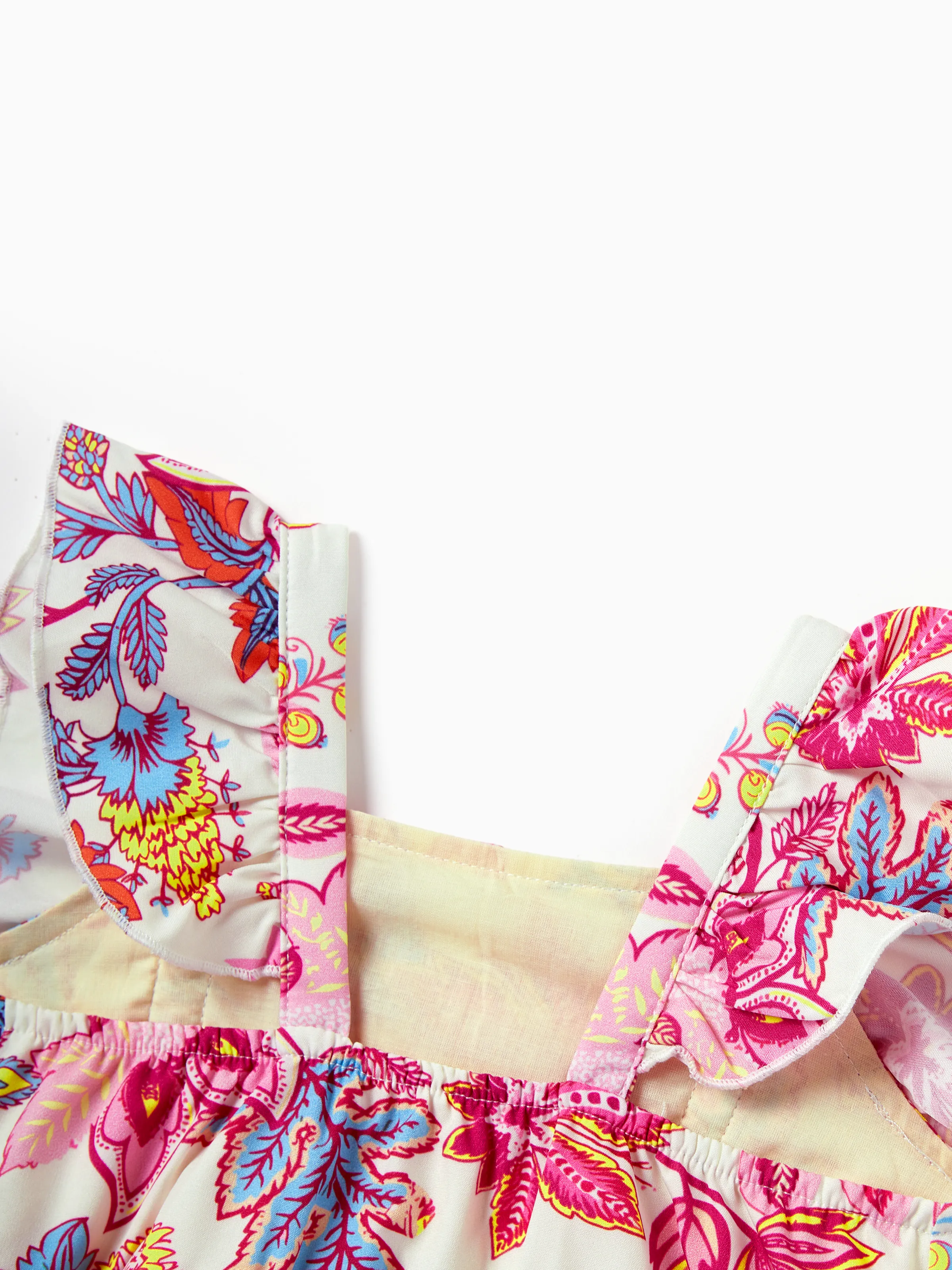 Daddy & Daughter Outfits Set Tropical Flora Print Short-sleeve Collar Shirt or Halter Belted Dress for Summer Vacation Beige - Image 15