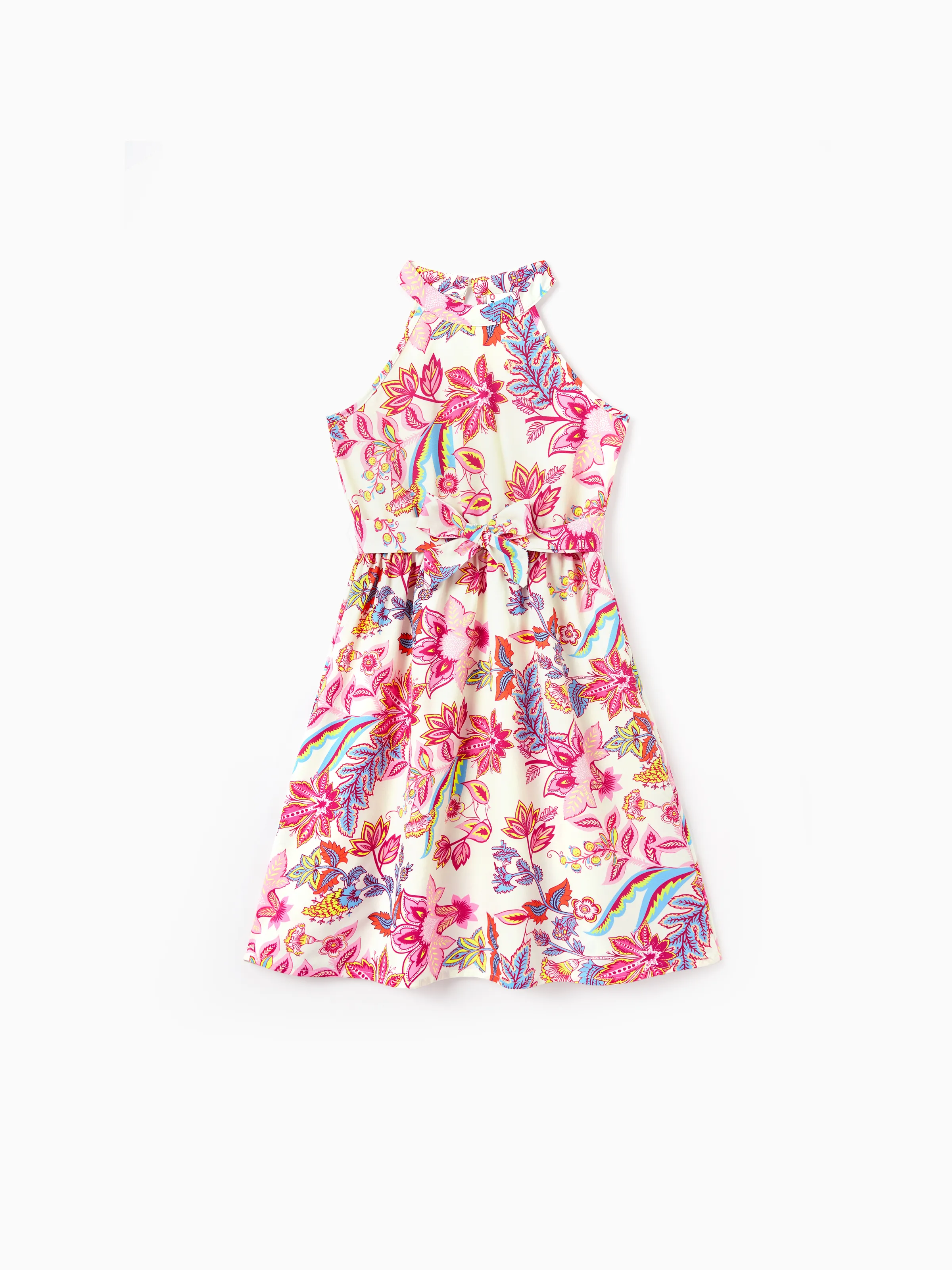 Daddy & Daughter Outfits Set Tropical Flora Print Short-sleeve Collar Shirt or Halter Belted Dress for Summer Vacation Beige - Image 8