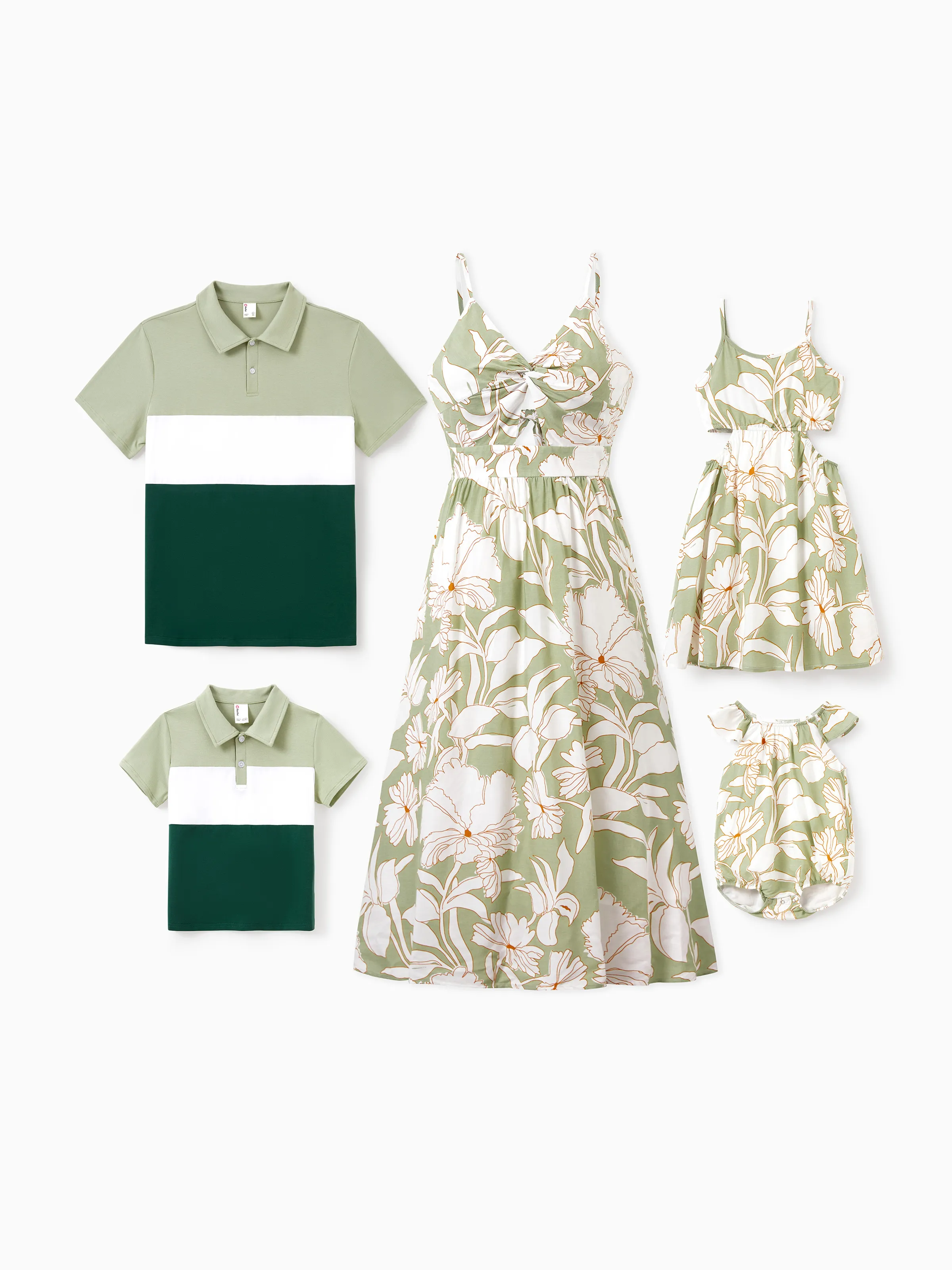 Daddy & Daughter Outfits Tropical Floral Print Strap Dress or Short-sleeve Colorblock Shirts Set Pale Green - Image 3
