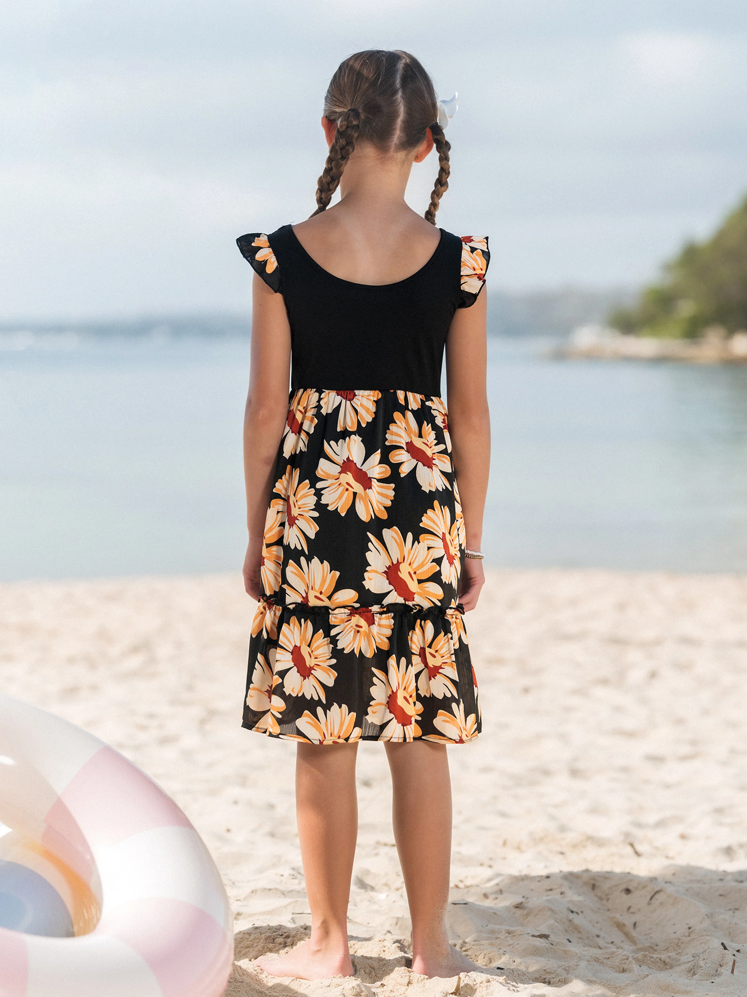 Toddler/Kid Girl Set Floral Sleeveless Strappy Dress Black - Image 3