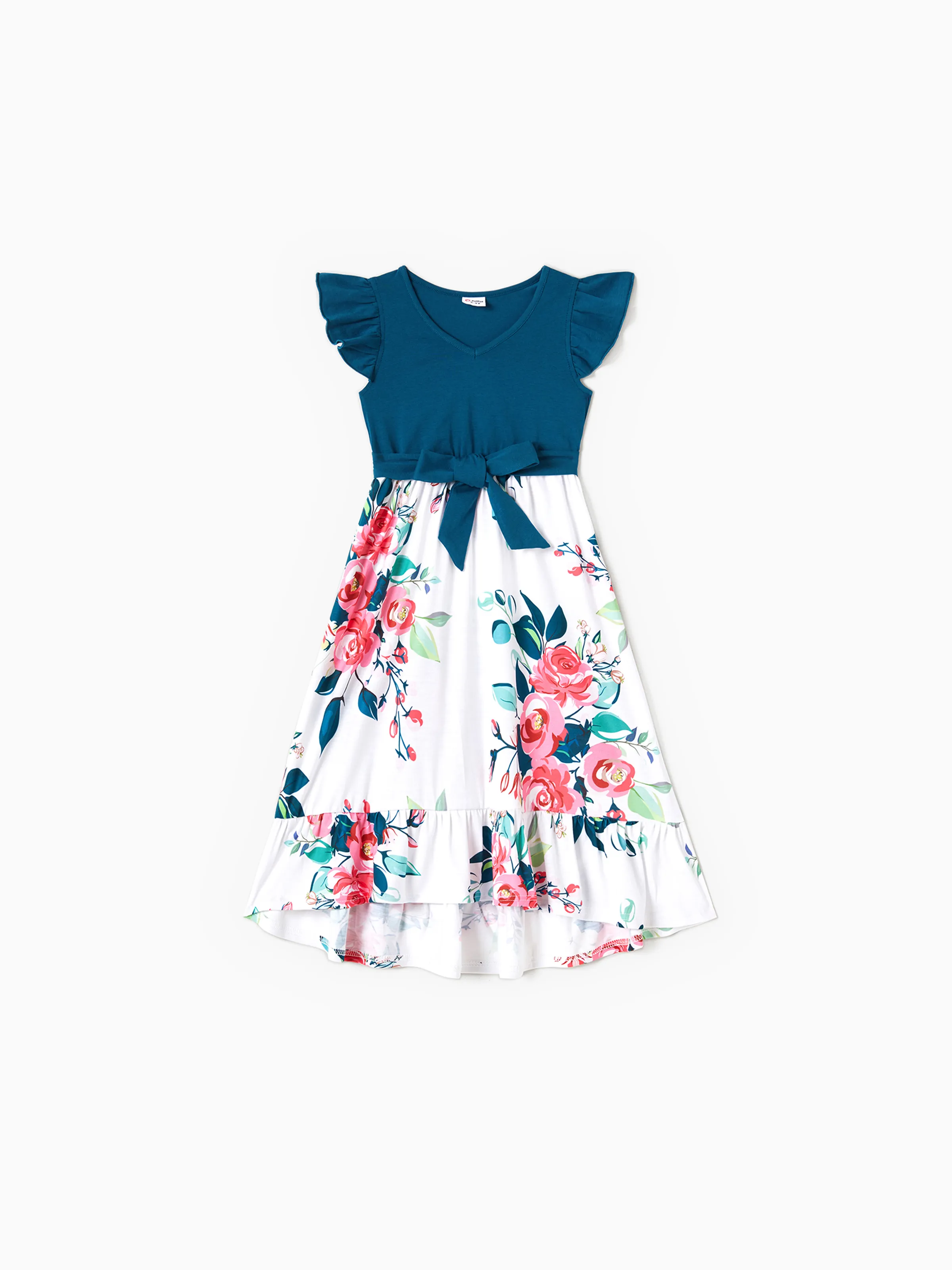 Daddy & Daughter Solid V Neck Flutter-sleeve Splicing Floral Print Dresses and Short-sleeve Colorblock T-shirts Sets Azure- - Image 9