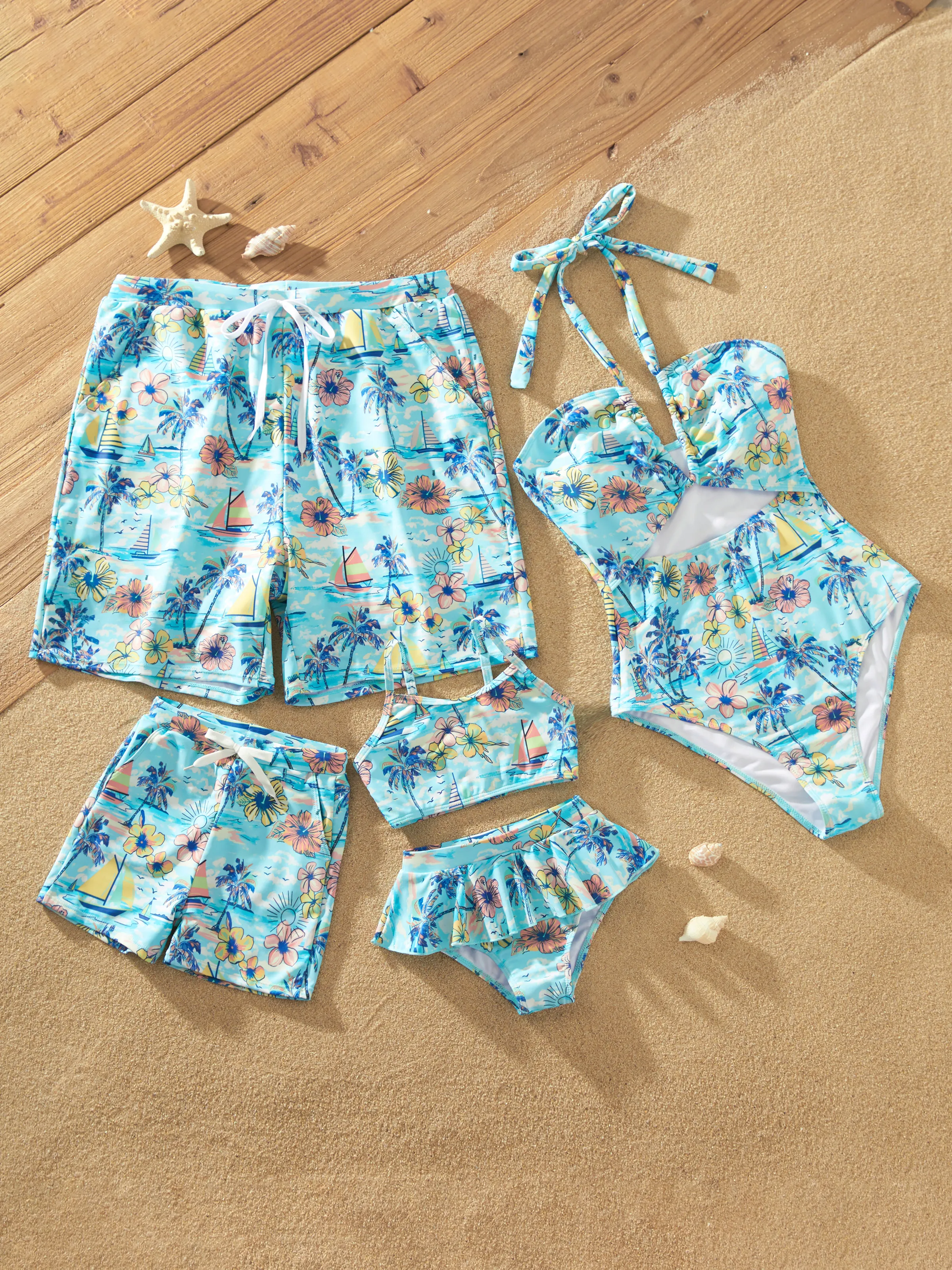 Daddy & Daughter Swimwear Tropical Print,  Girl two-piece Swimsuit  for Summer Beach Vacation Light Blue - Image 3