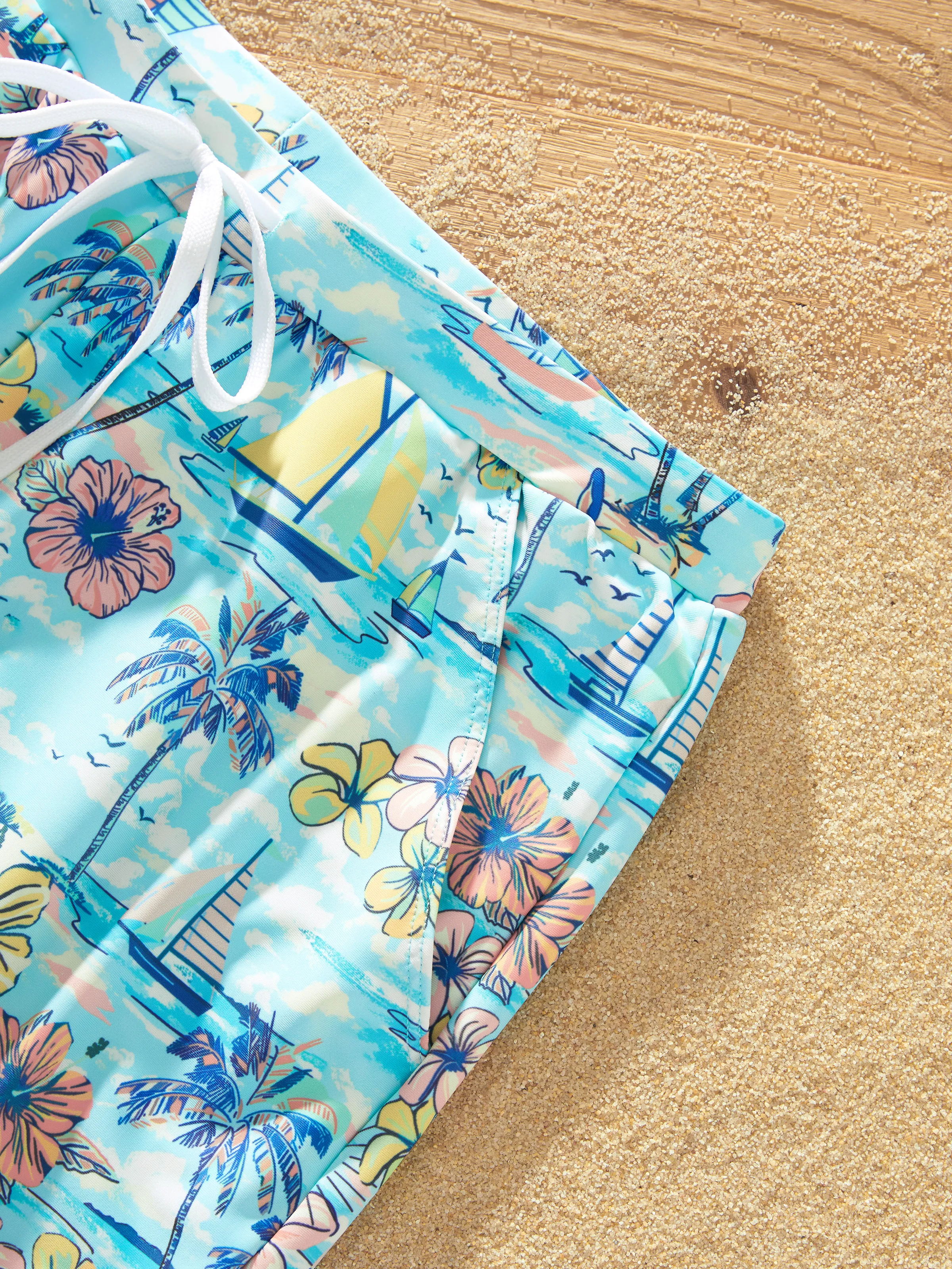 Daddy & Daughter Swimwear Tropical Print,  Girl two-piece Swimsuit  for Summer Beach Vacation Light Blue - Image 9