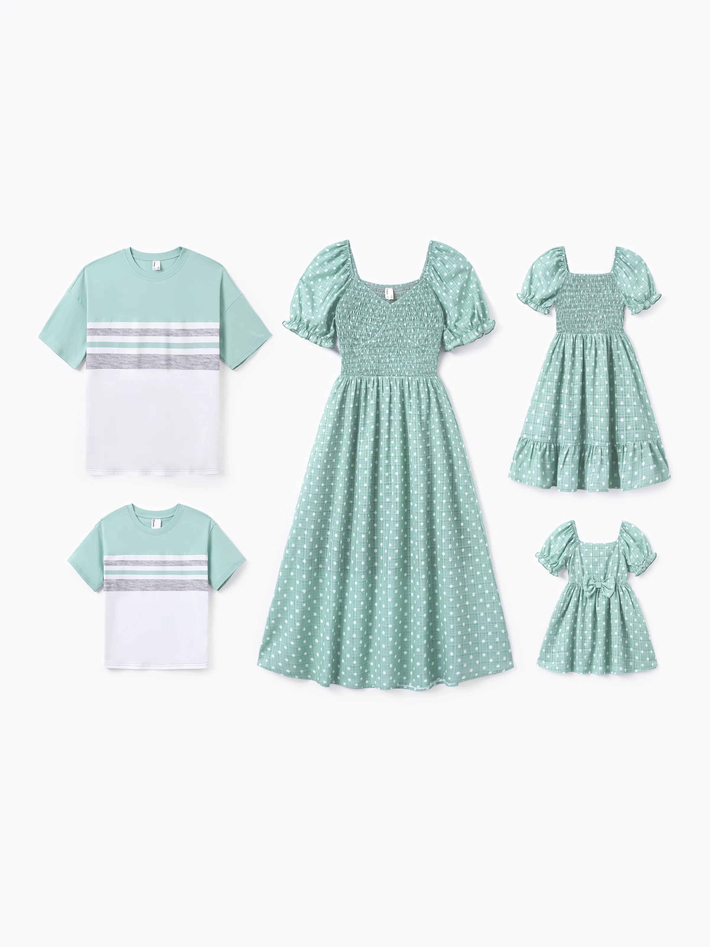 Daddy & Daughter T-Shirt & Dress Set Polka Dot Puff-sleeve Dress for Daughter & Baby, Color Block Cotton Tee for Dad , Perfect for Family Outings & Photos Light Green - Image 3