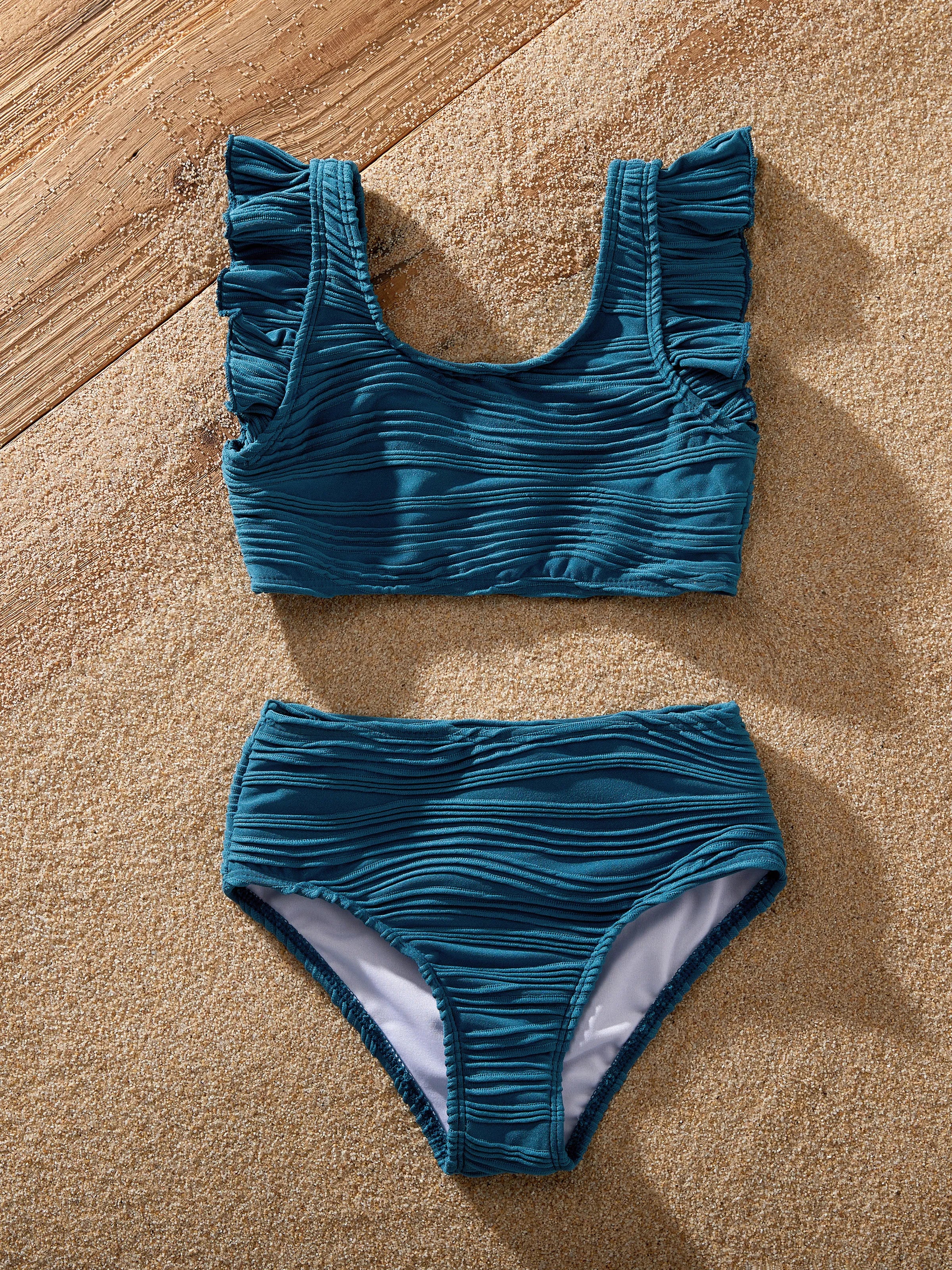 Daddy & Daughter Teal Striped Swimsuits Ruched Bikini & Swim Trunks Set Multi-color - Image 8