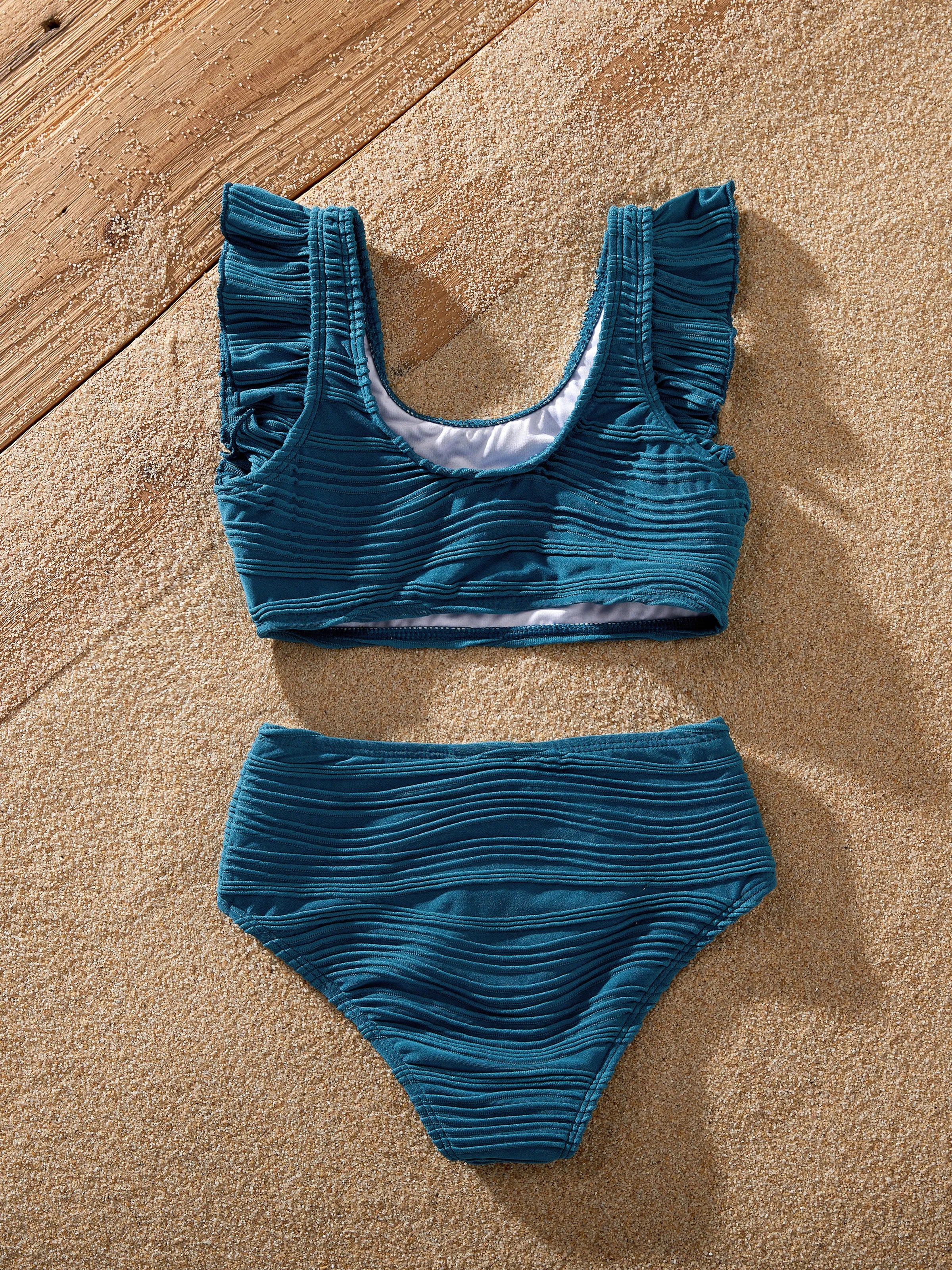 Daddy & Daughter Teal Striped Swimsuits Ruched Bikini & Swim Trunks Set Multi-color - Image 9