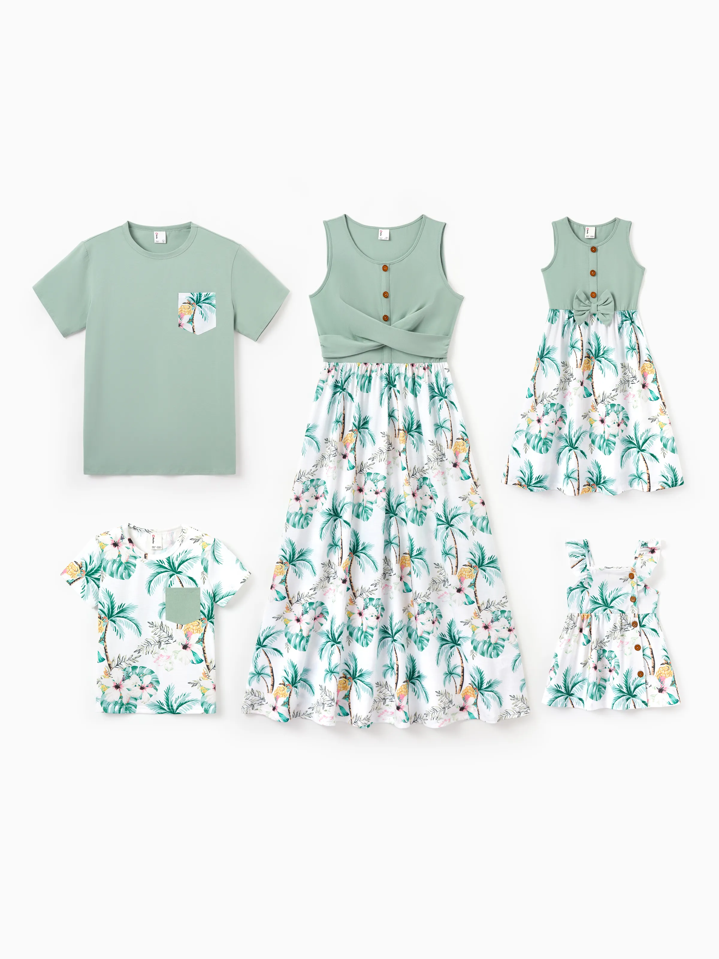 Daddy & Me Tropical Print Outfits,Daughter Tank Dress & Dad Cotton T-Shirt Set Green - Image 3