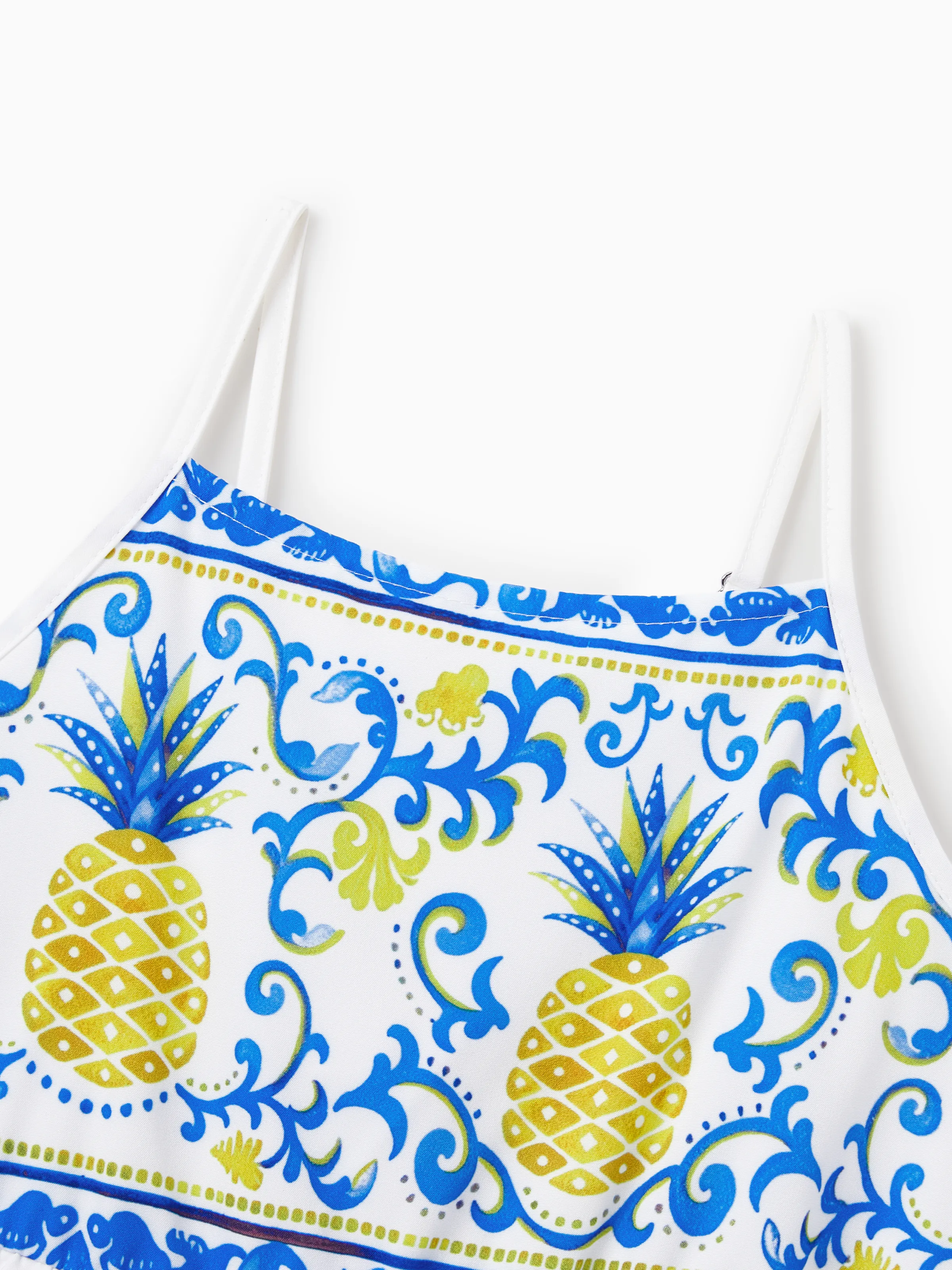 Daddy & Daughter Vacation Set Tropical Pineapple Coconut Tree Print Short-sleeve T-shirt or Hollow out Strap Dress for Summer Vacation White - Image 15