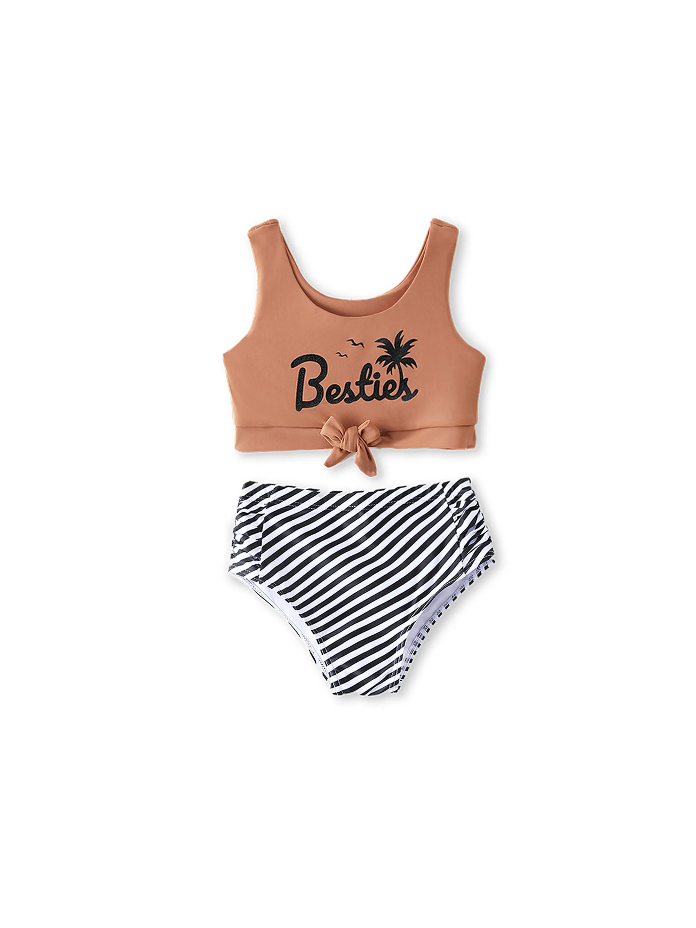 Daddy & Daughter Vertical Stripe Drawstring Swim Drunks or Besties Printed Crop Tank Bikini Khaki - Image 8