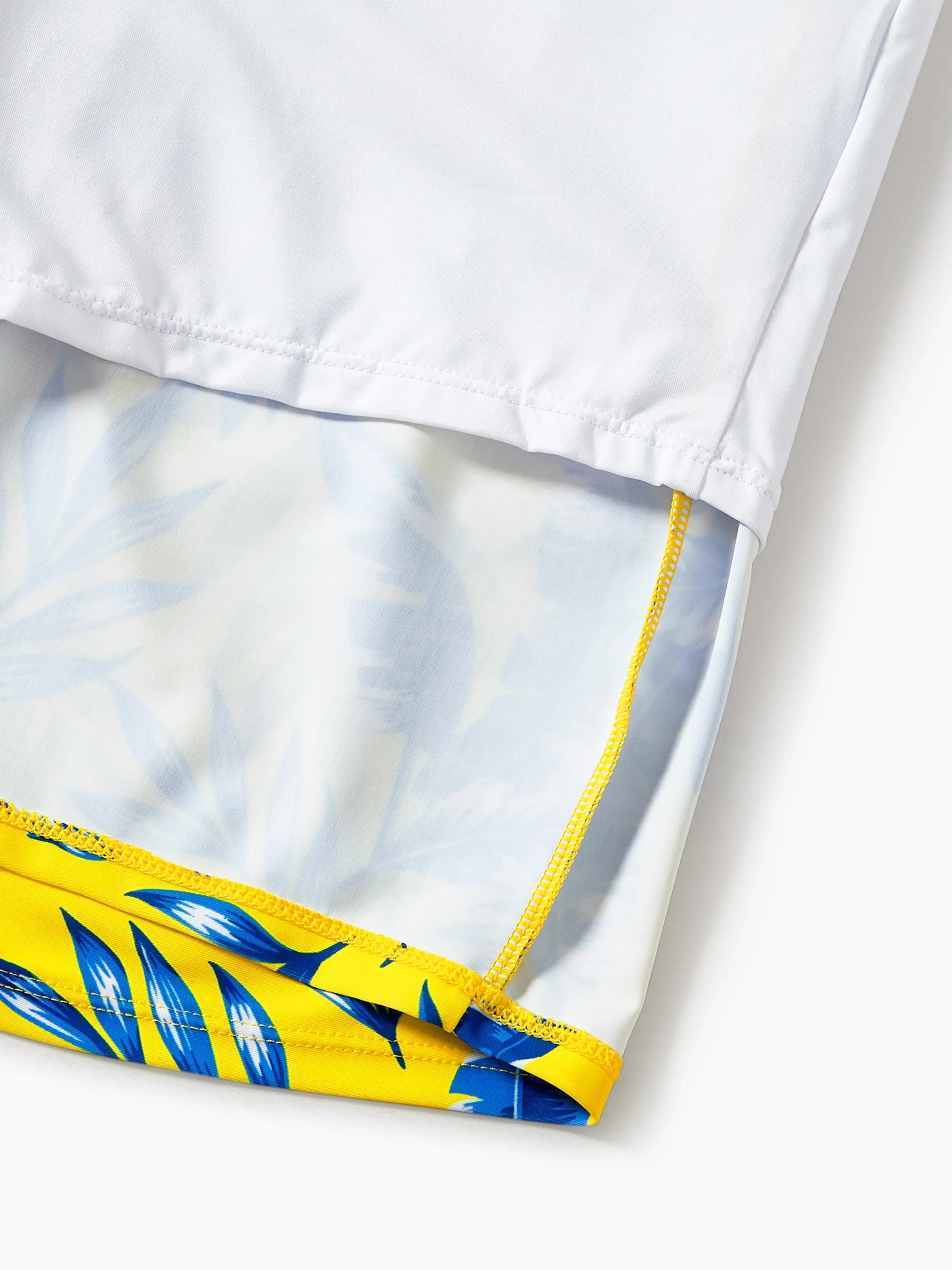 Daddy & Daughter Yellow Leaf Print Swim Trunks or Ruched Flutter Sleeve Bikini with Optional Swim Cover Up Yellow - Image 6