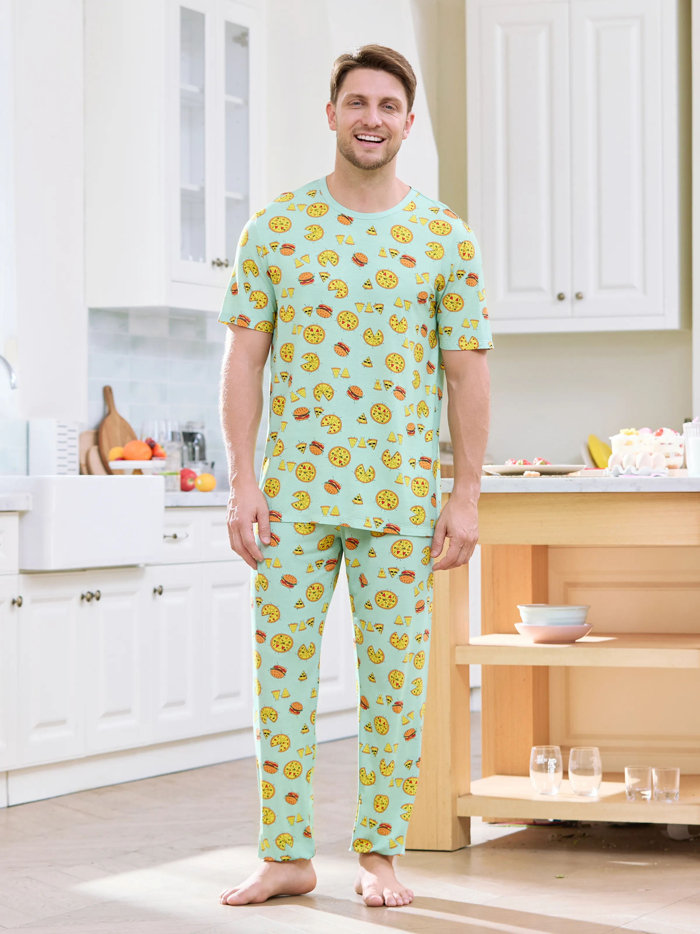 Daddy & Son Bamboo Family Mint Green PJs Cute Cartoon Food Theme Print Short Sleeve & Long Pants Sleepwear Matching Pajama set (Snug-Fitting for Children) Light Blue - Image 3