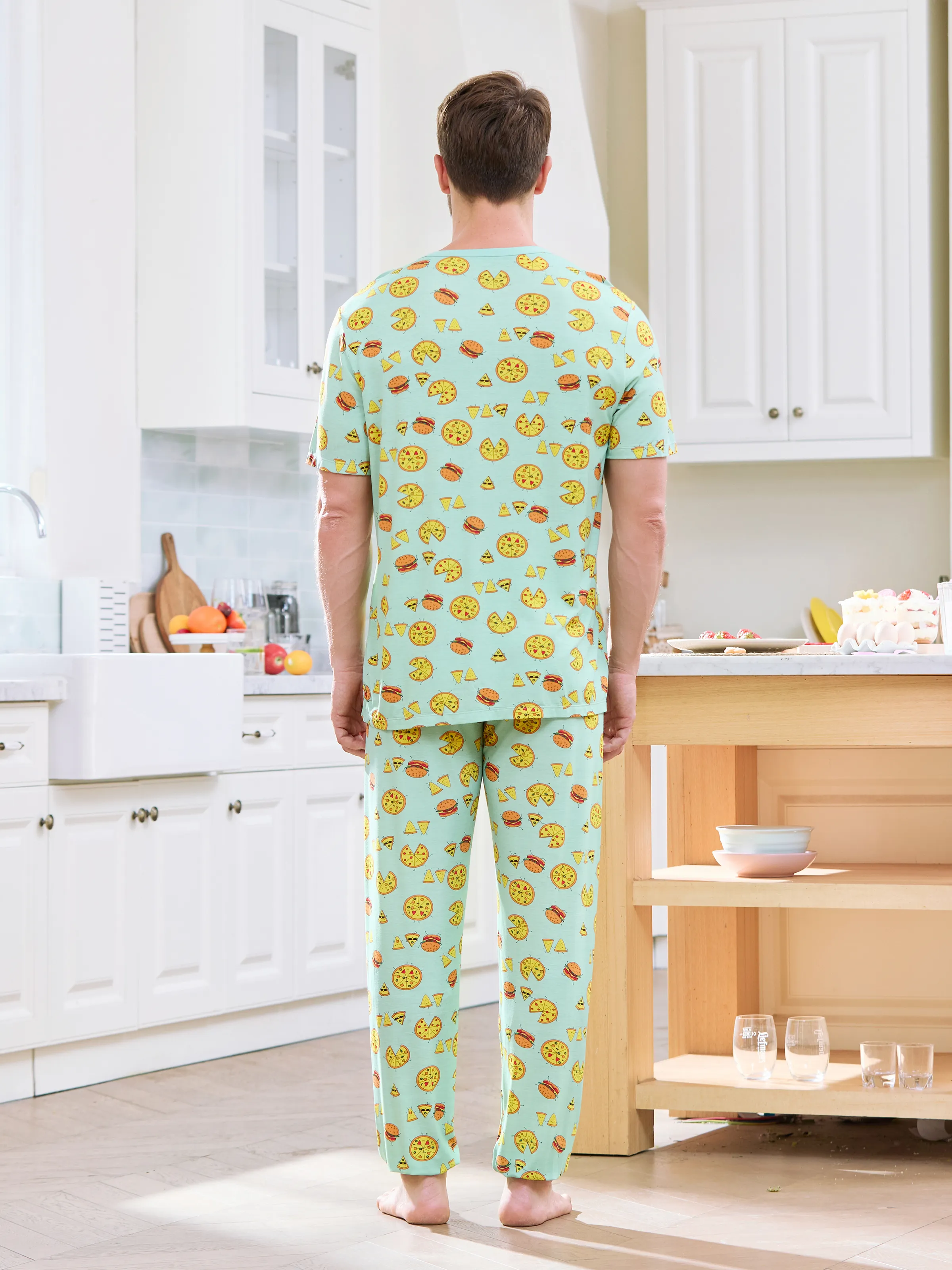 Daddy & Son Bamboo Family Mint Green PJs Cute Cartoon Food Theme Print Short Sleeve & Long Pants Sleepwear Matching Pajama set (Snug-Fitting for Children) Light Blue - Image 4