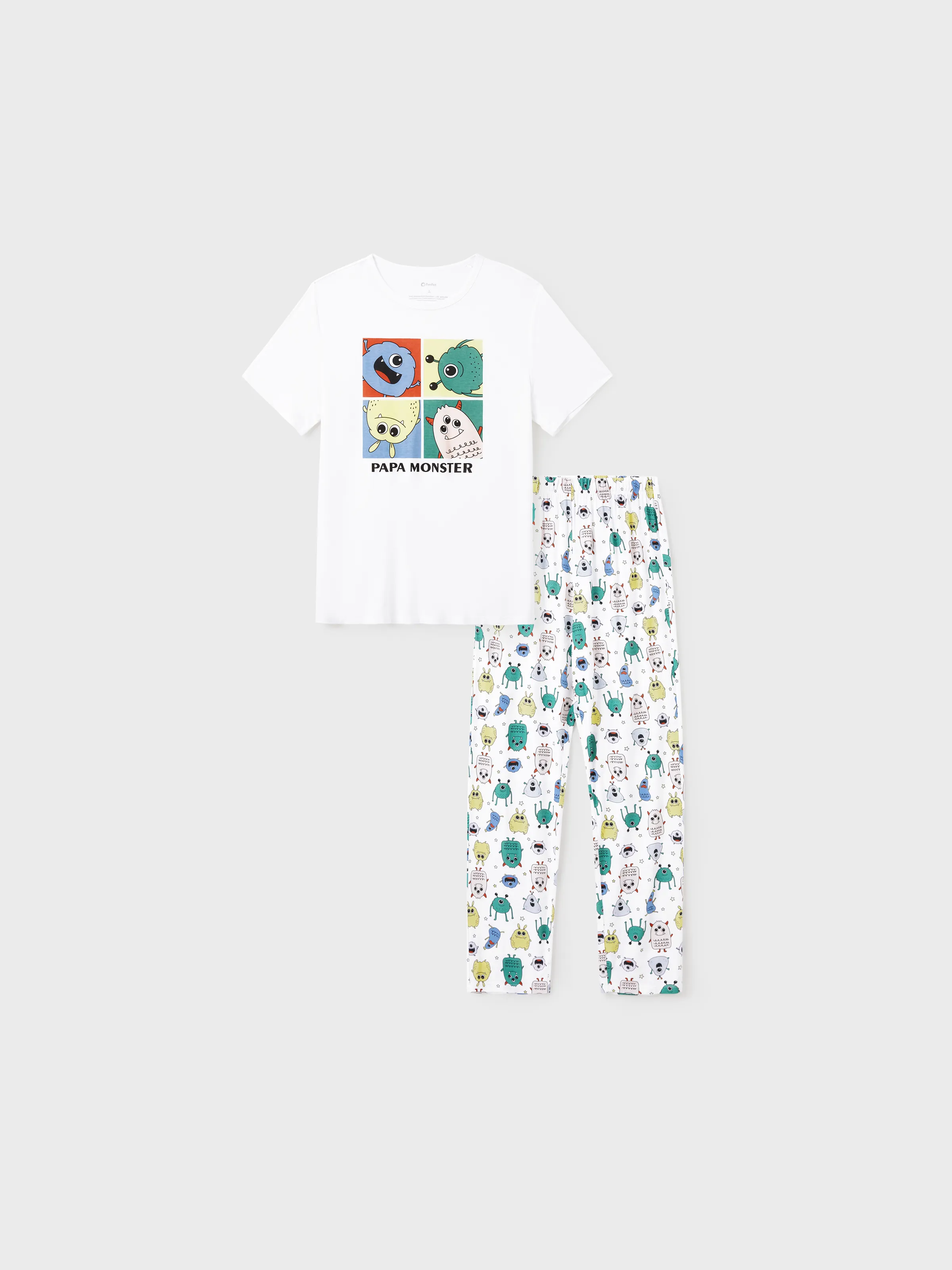 Daddy & Son Bamboo Family Pajamas Cute Little Monster Print Short-sleeve Matching Pajama Set ( Snug-Fitting for Children ) White - Image 3