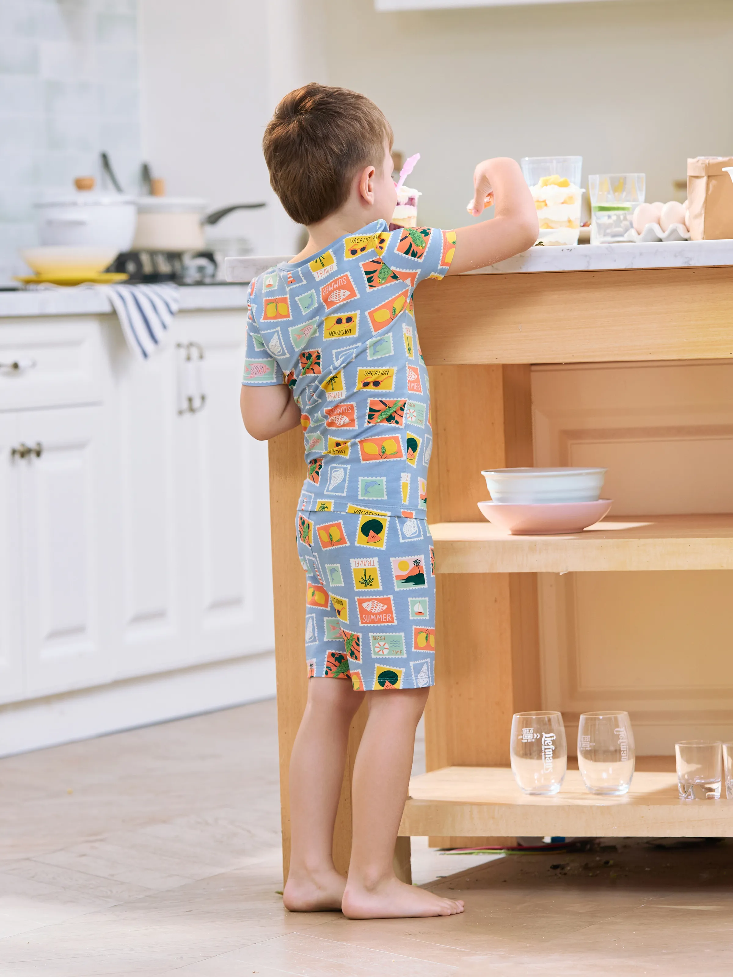 Daddy & Son Bamboo Family Pajamas Vacation Theme Print Short-sleeve Matching Pajama set (Snug-Fitting for Children) Color block - Image 9