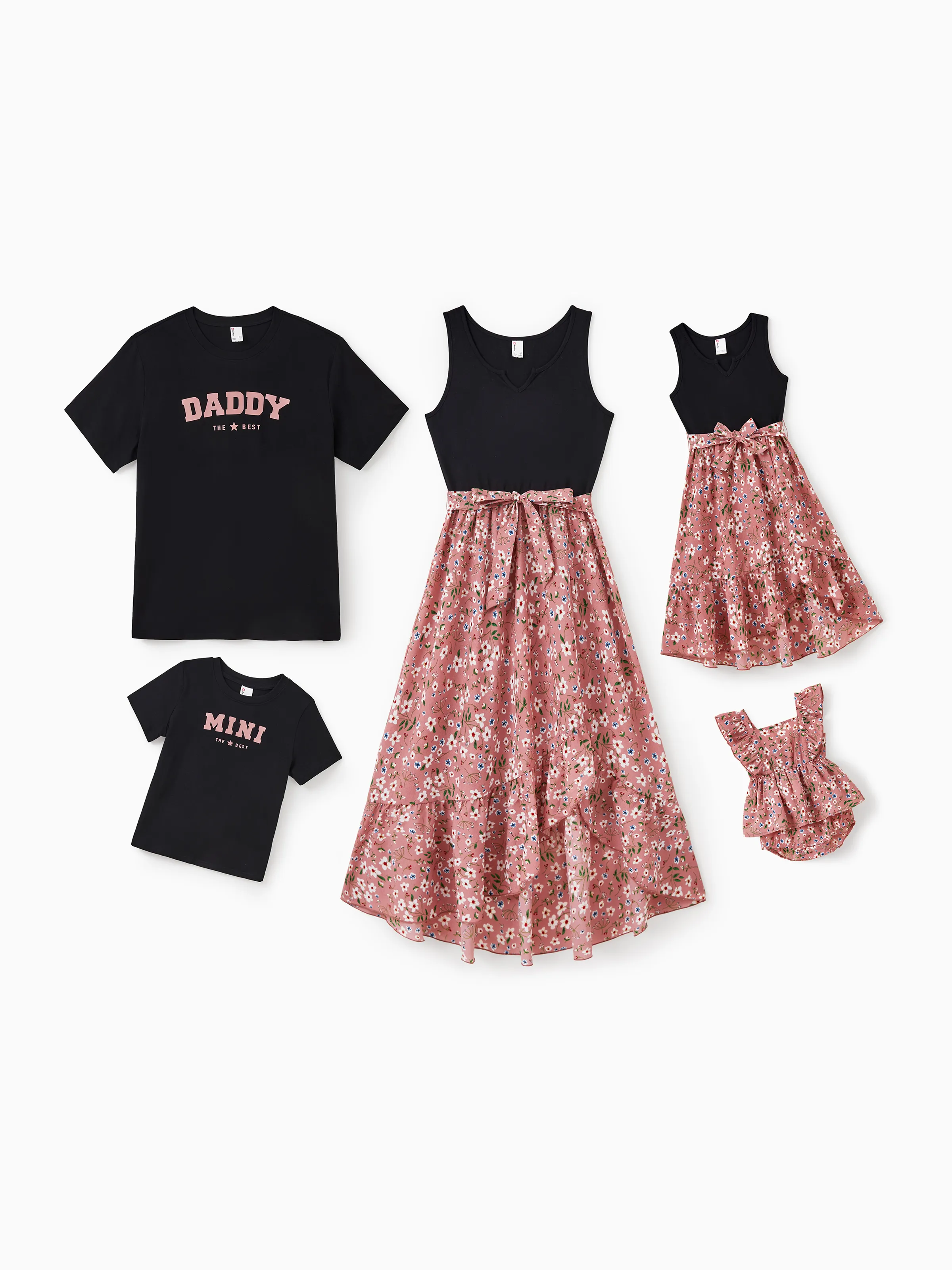 Daddy & Son Cotton T-Shirt & Dress Set Daddy / Mini Print Black Tee for Dad and boy, Floral Print splicing Dress for Mom, girl and Baby, Perfect for Summer Family Outings Black - Image 2