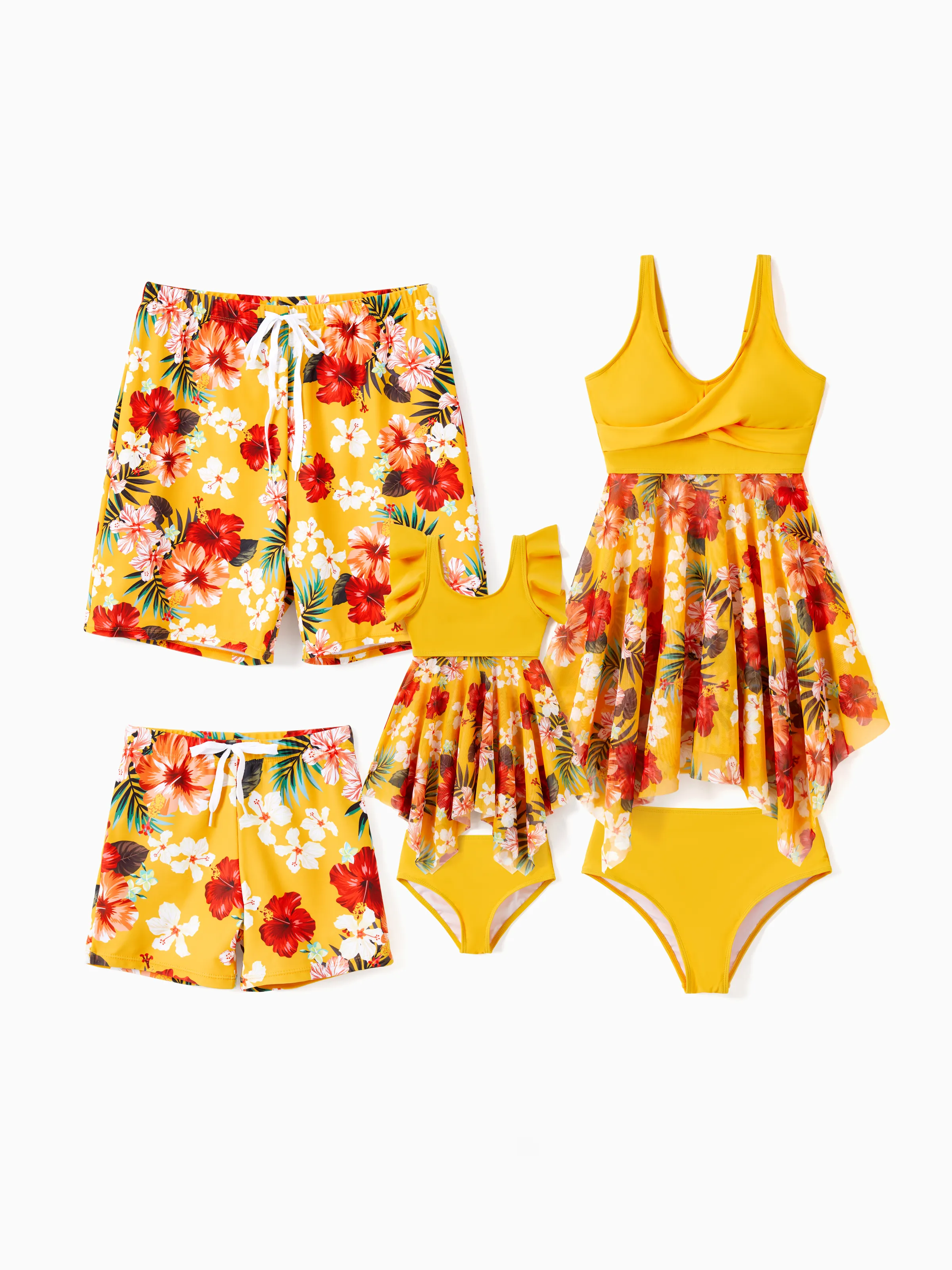 Daddy & Son Floral Drawstring Swim Trunks with Triangle Swim Bottom Yellow - Image 2
