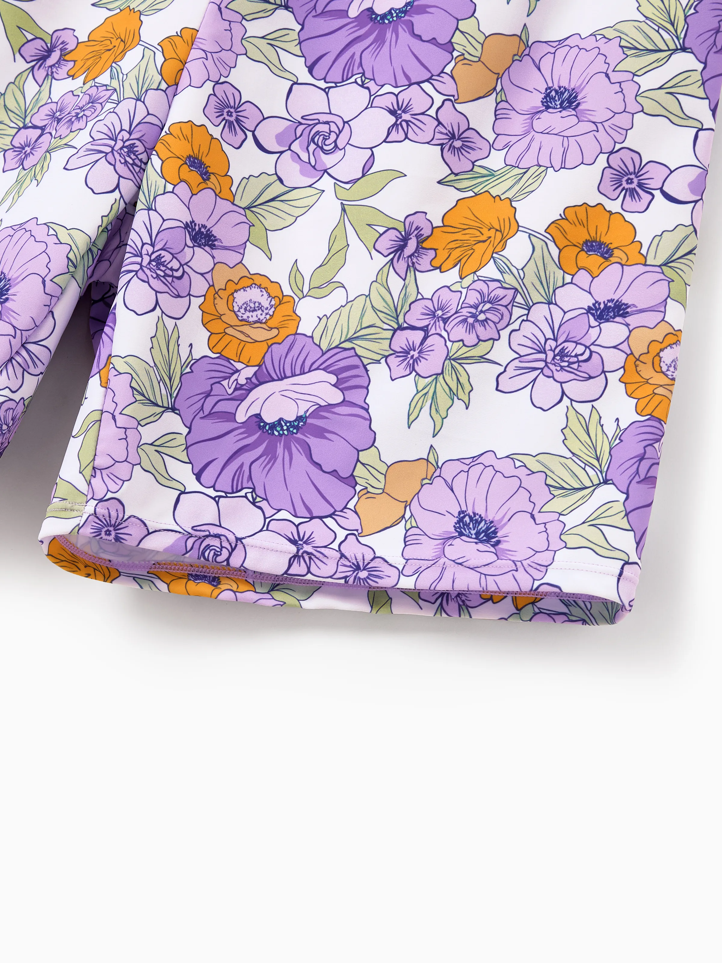 Daddy & Son Floral Print Swimsuits Ruffled One-Piece Bathing Suit & Swim Trunks Set Purple - Image 10