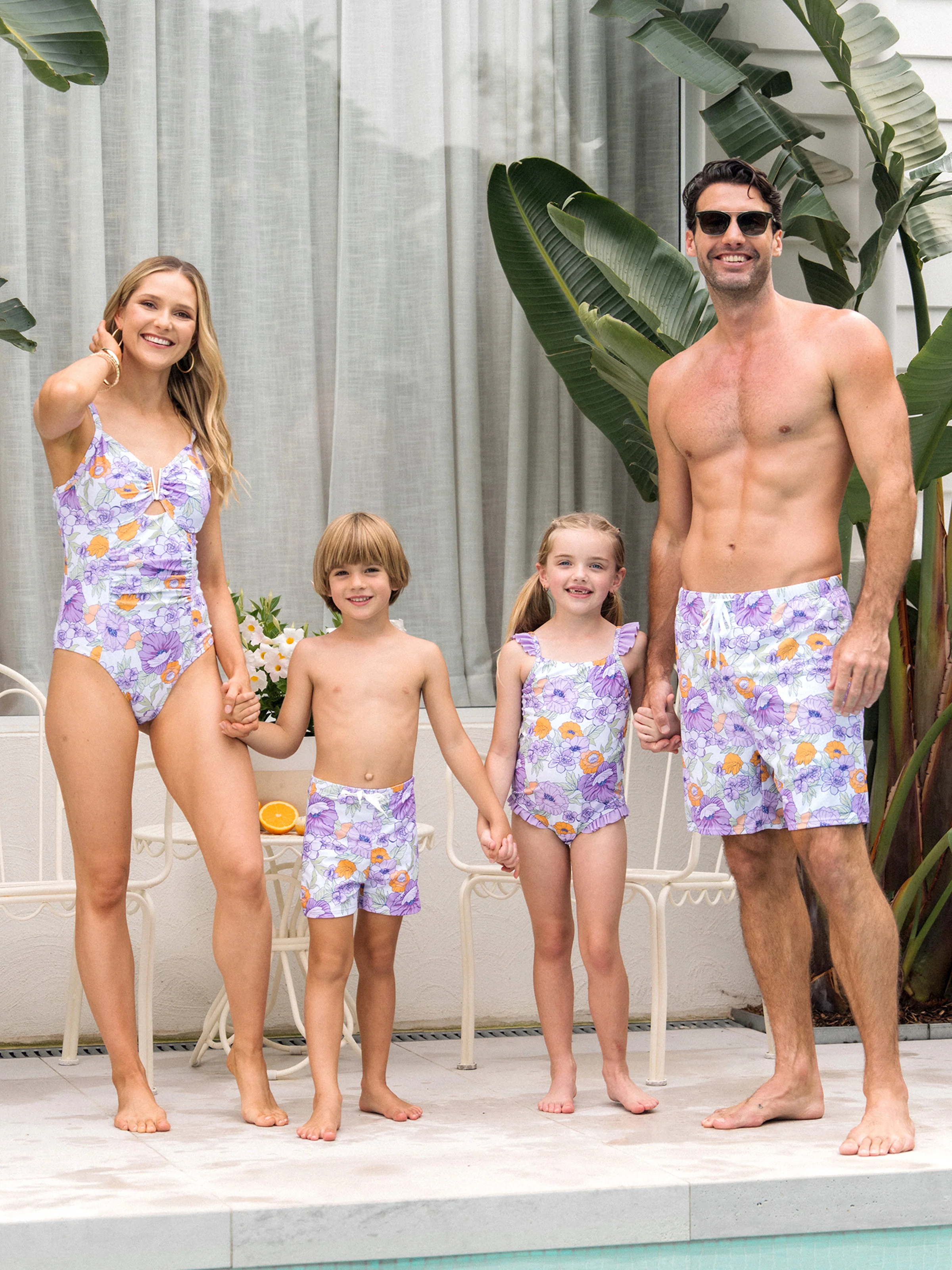Daddy & Daughter Floral Print Swimsuits Ruffled One-Piece Bathing Suit & Swim Trunks Set Purple - Image 2