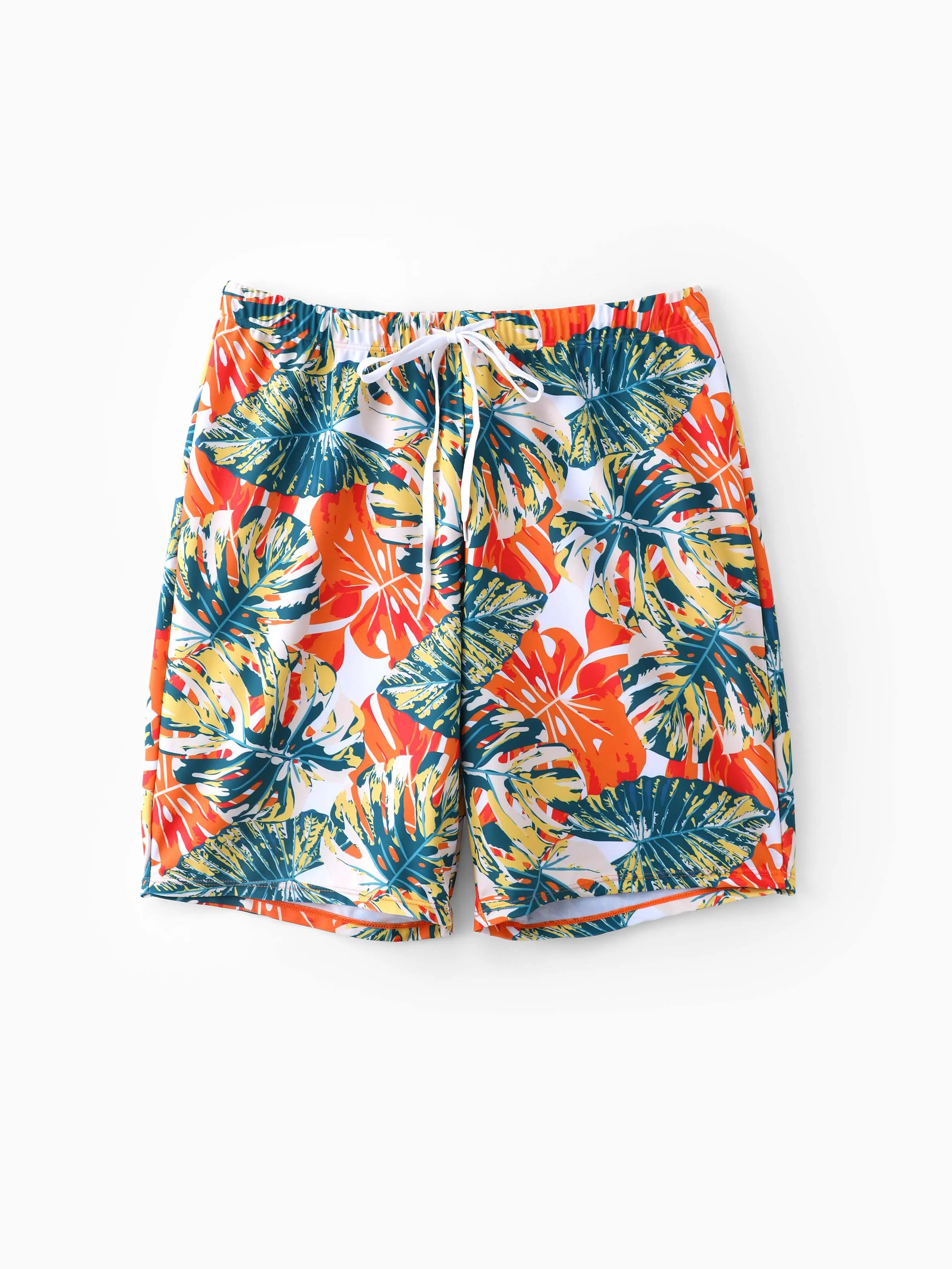 Daddy & Son Orange and All Over Tropical Plant Print Splicing Ruffle Swim Trunks Shorts Orange color - Image 3
