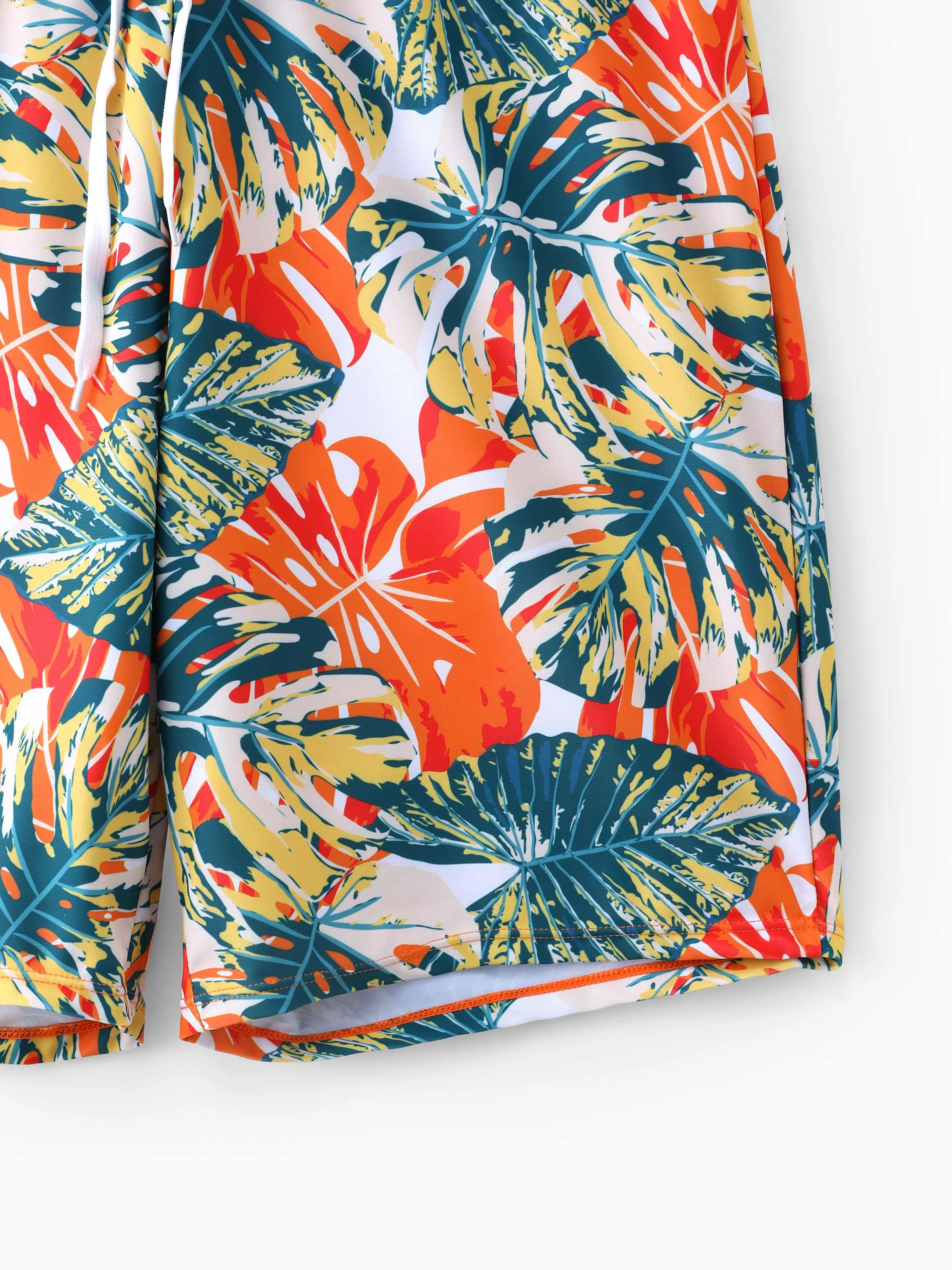 Daddy & Son Orange and All Over Tropical Plant Print Splicing Ruffle Swim Trunks Shorts Orange color - Image 6