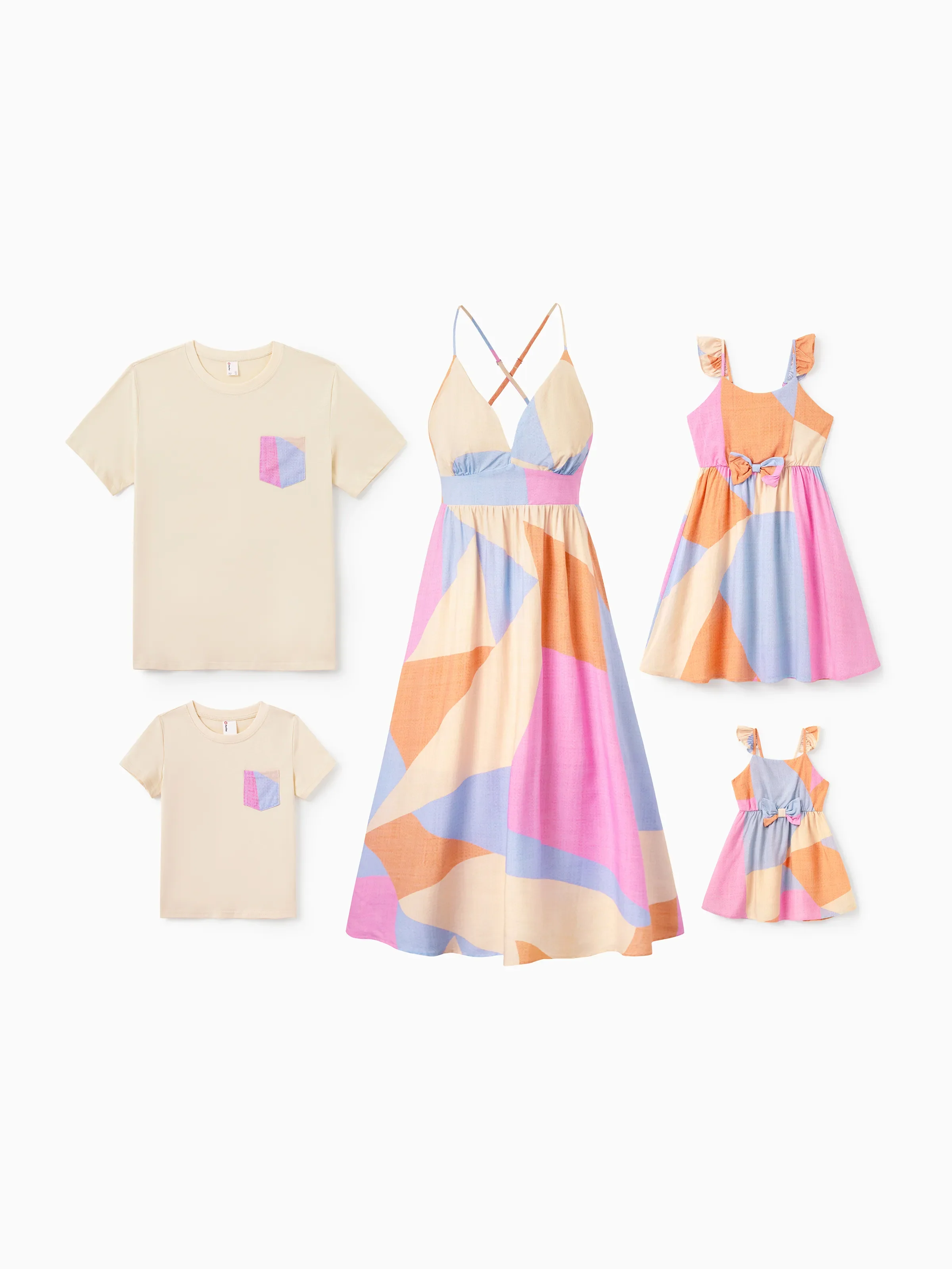 Daddy & Son Outfits Set Colorblock Sleeveless Strappy Dress or Short-sleeve T-shirt Multi-color - Image 3