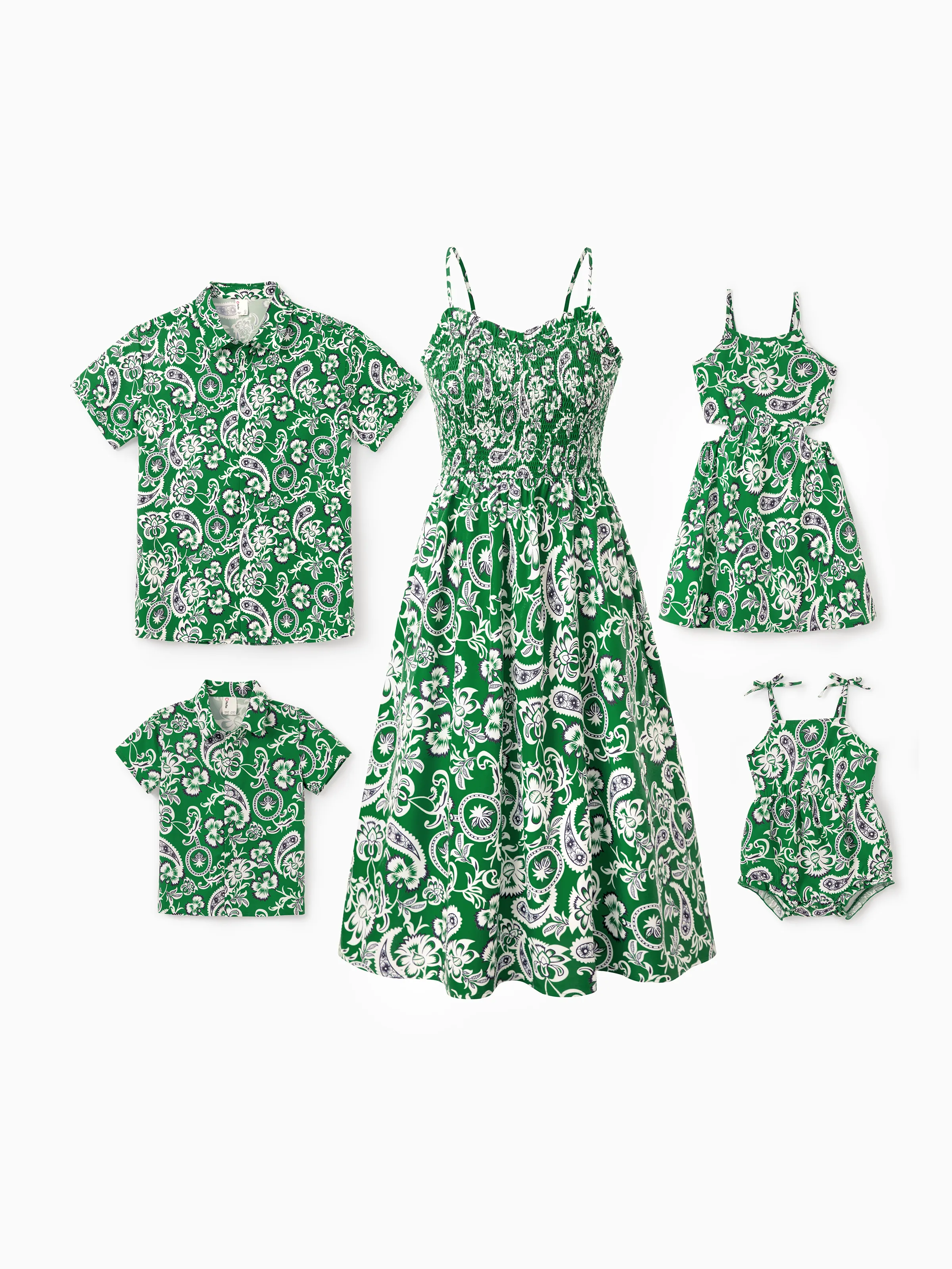 Daddy & Son Outfits Set Floral Print Short-sleeve Collar Shirt or Strappy Smocked  Dress for Summer Vacation Green - Image 3