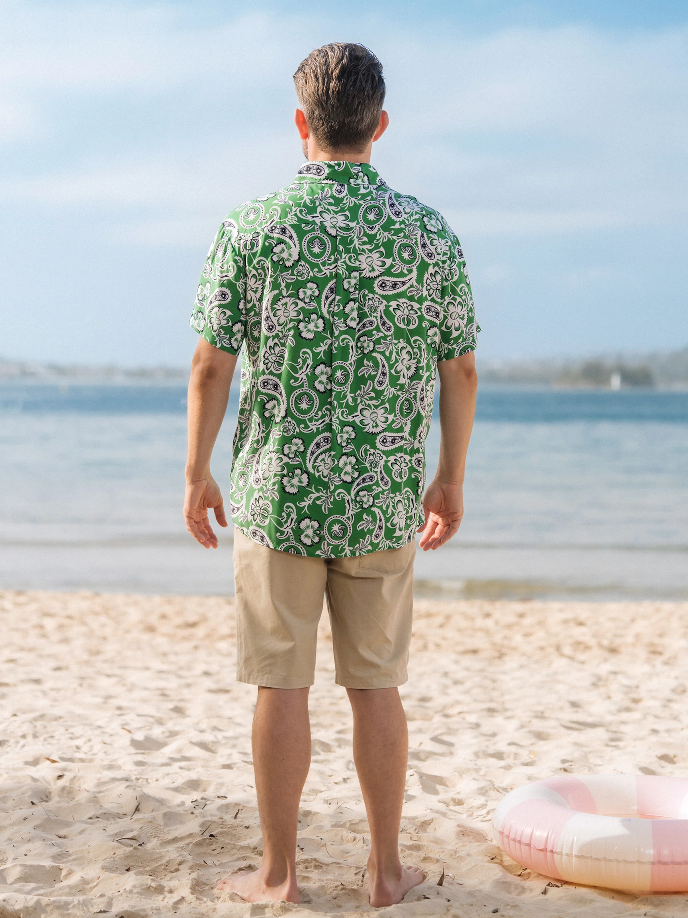 Family Matching Outfits Set Floral Print Short-sleeve Collar Shirt or Strappy Smocked  Dress for Summer Vacation  Green - Image 30