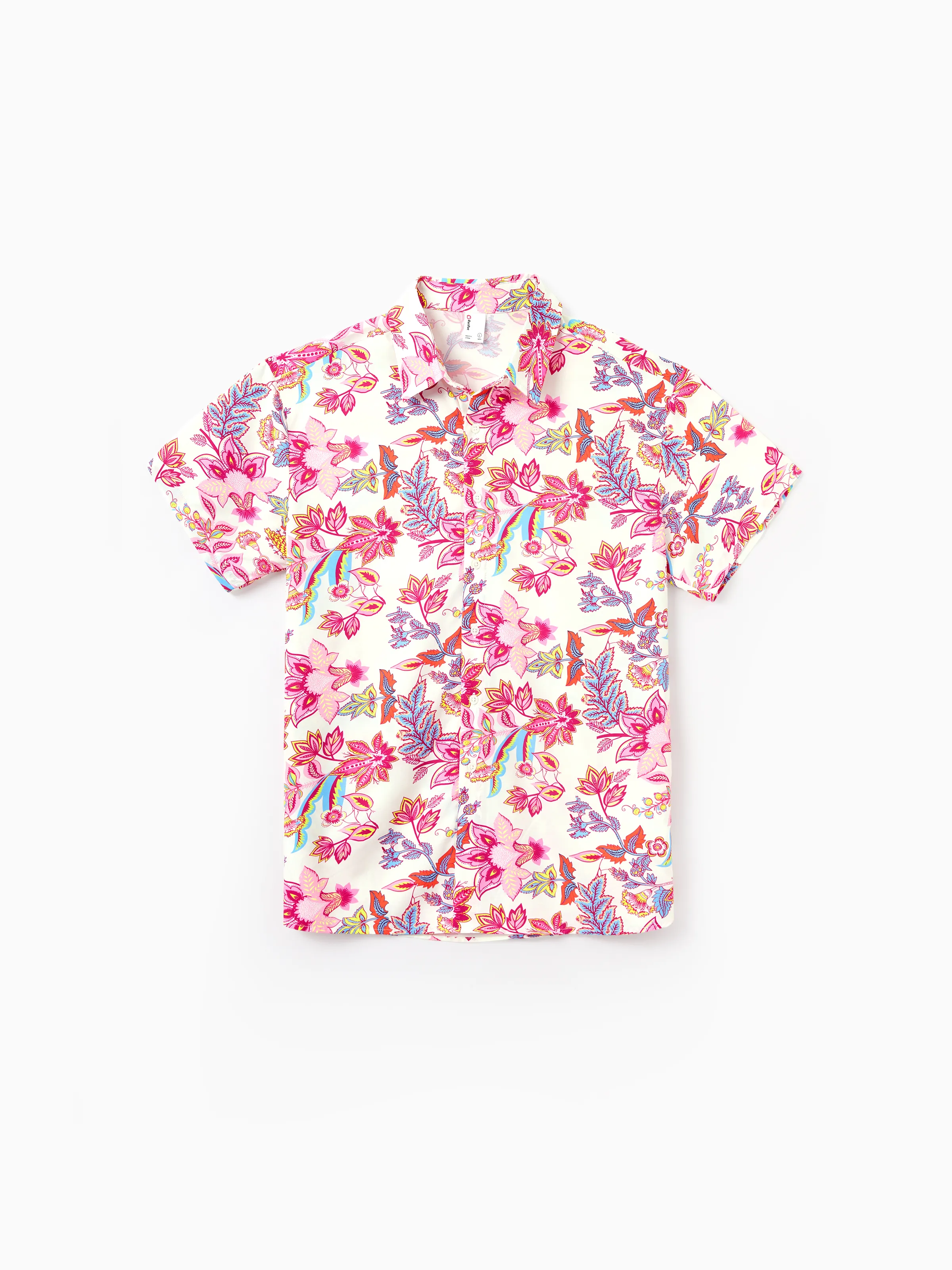 Daddy & Son Outfits Set Tropical Flora Print Short-sleeve Collar Shirt or Halter Belted Dress for Summer Vacation Beige - Image 3