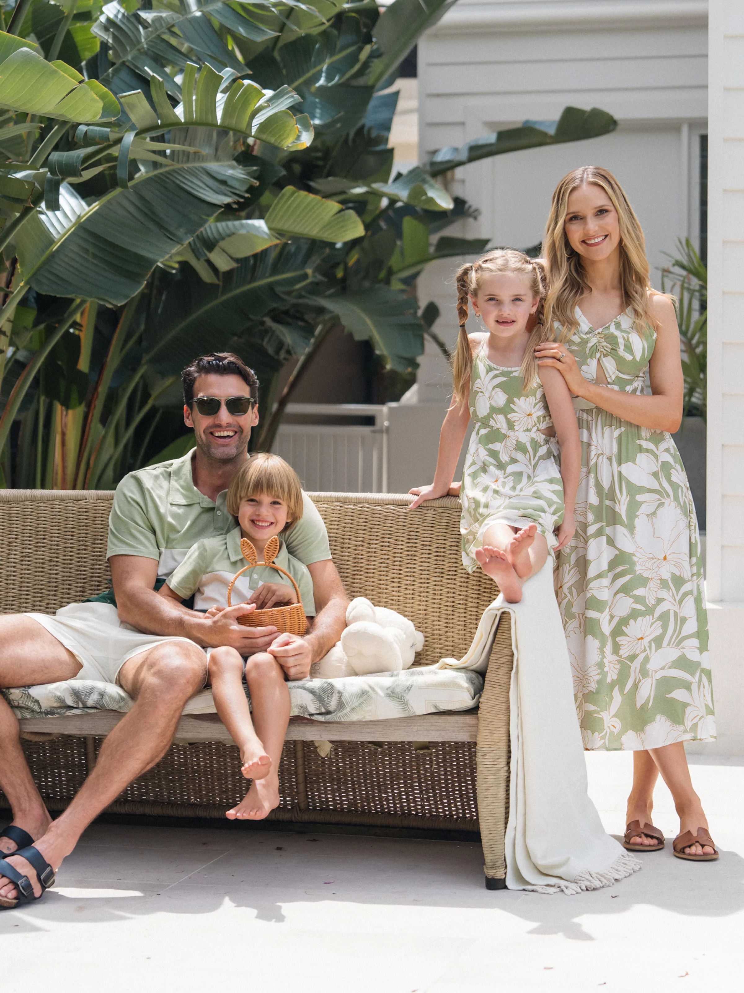 Daddy & Son Outfits Tropical Floral Print Strap Dress or Short-sleeve Colorblock Shirts Set Pale Green - Image 2