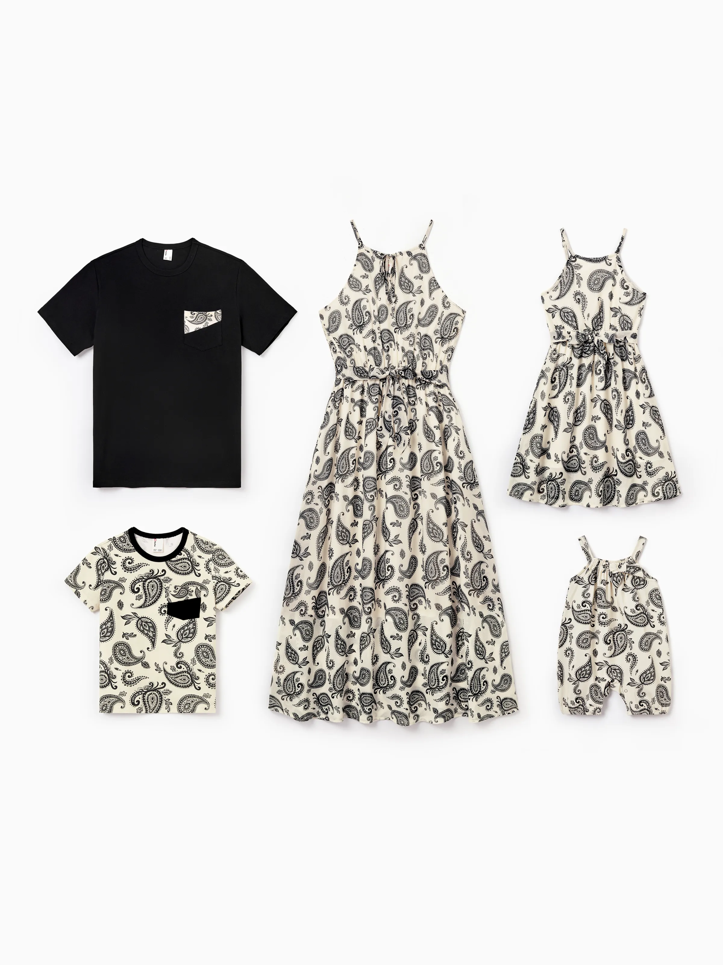 Daddy & Son Paisley Print Outfits Sleeveless Spaghetti Strap Dress & Cotton T-Shirt for Mom, Dad, & Kids Perfect for Family Outings & Photos Black - Image 2
