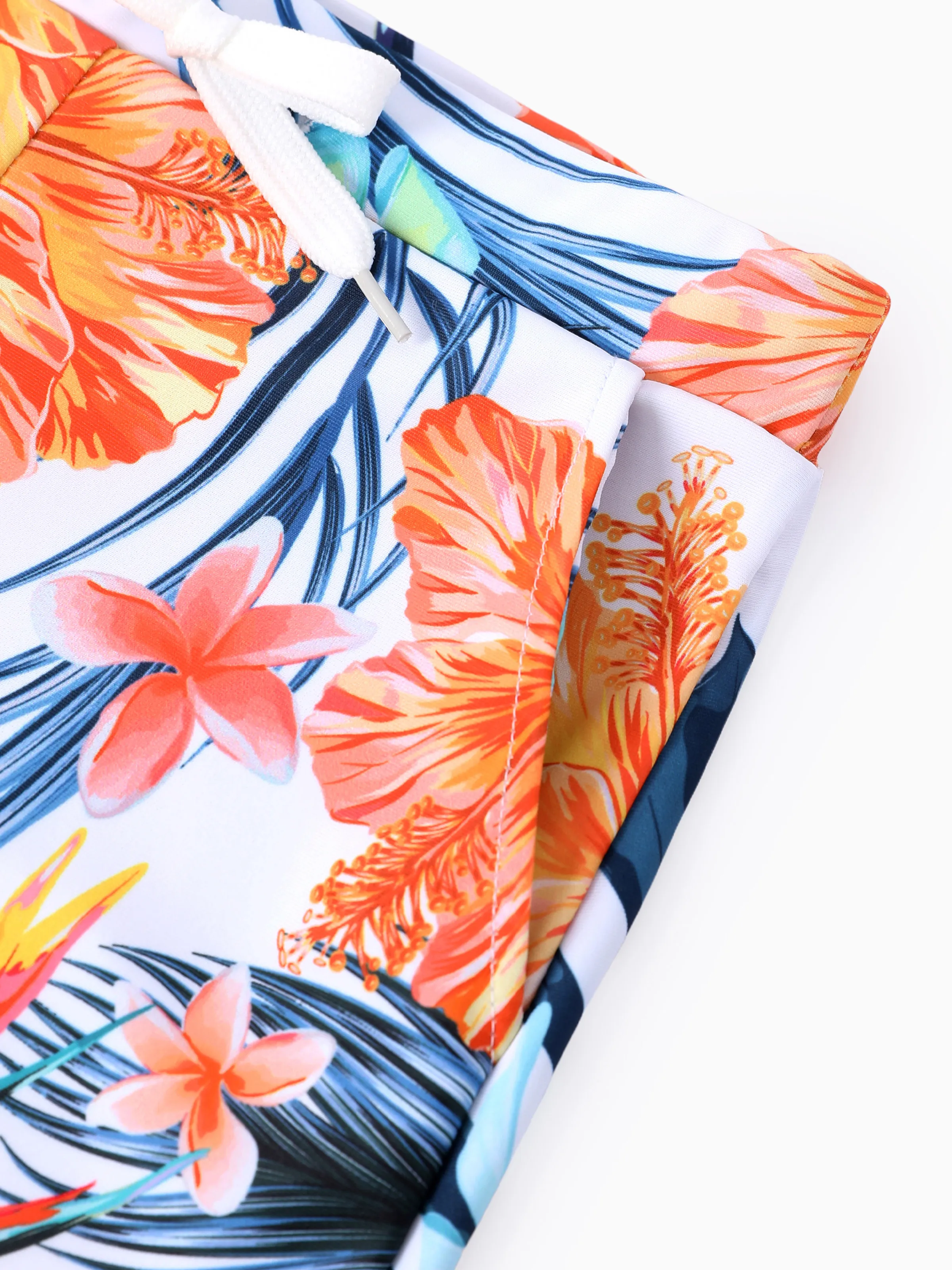 Daddy & Son Swimwear Tropical Floral Bikini Set with Ruffle Top for Mom & Daughter, Board Shorts for Dad & Son, Bright Summer Beach Outfits Orange - Image 11