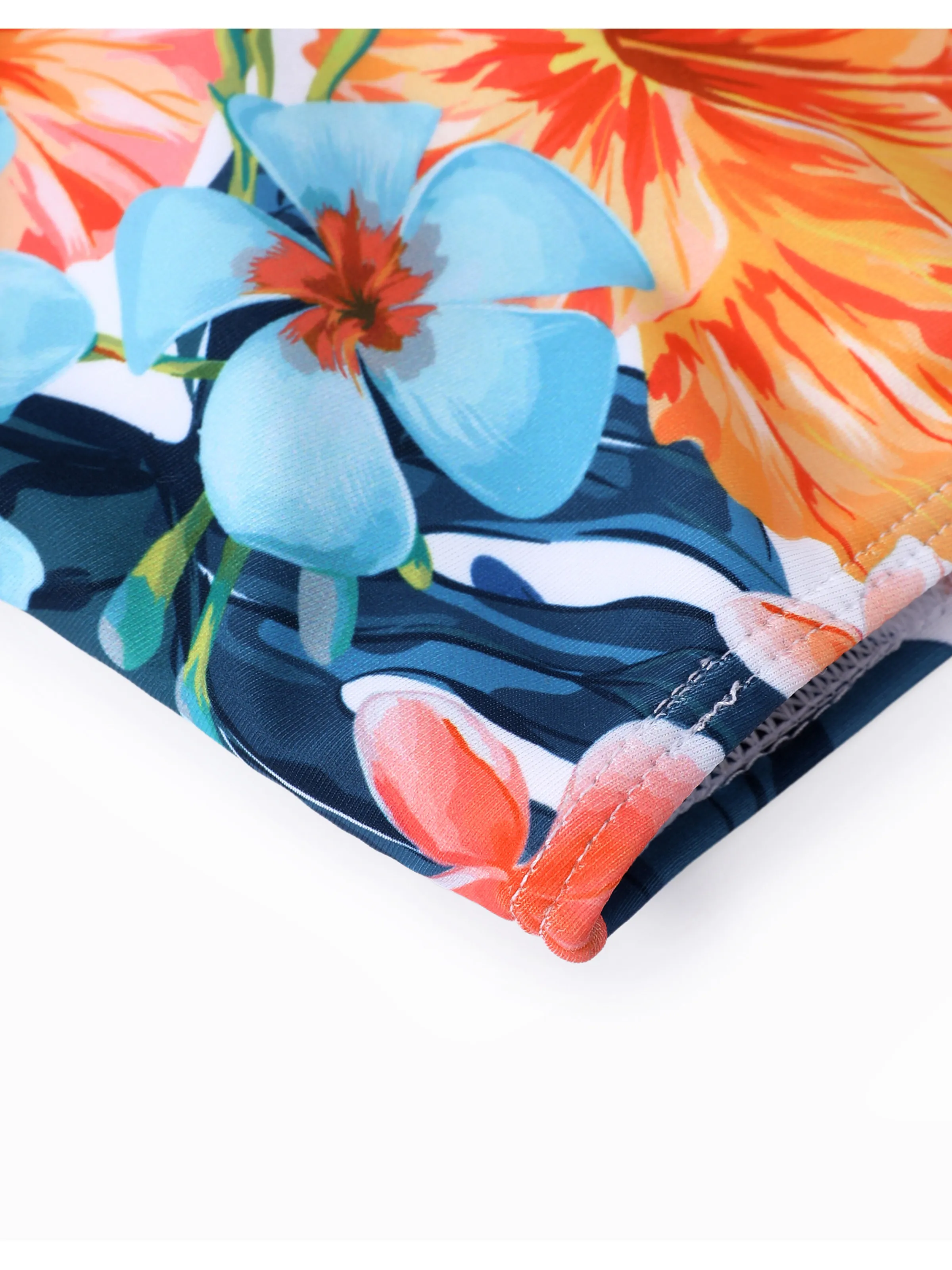 Daddy & Son Swimwear Tropical Floral Bikini Set with Ruffle Top for Mom & Daughter, Board Shorts for Dad & Son, Bright Summer Beach Outfits Orange - Image 12
