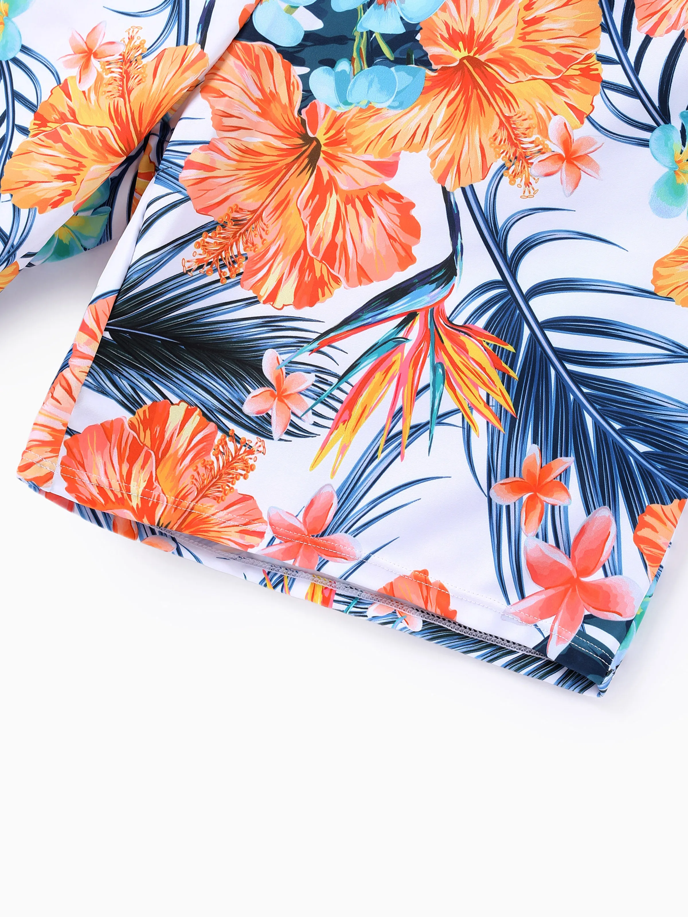 Daddy & Son Swimwear Tropical Floral Bikini Set with Ruffle Top for Mom & Daughter, Board Shorts for Dad & Son, Bright Summer Beach Outfits Orange - Image 6