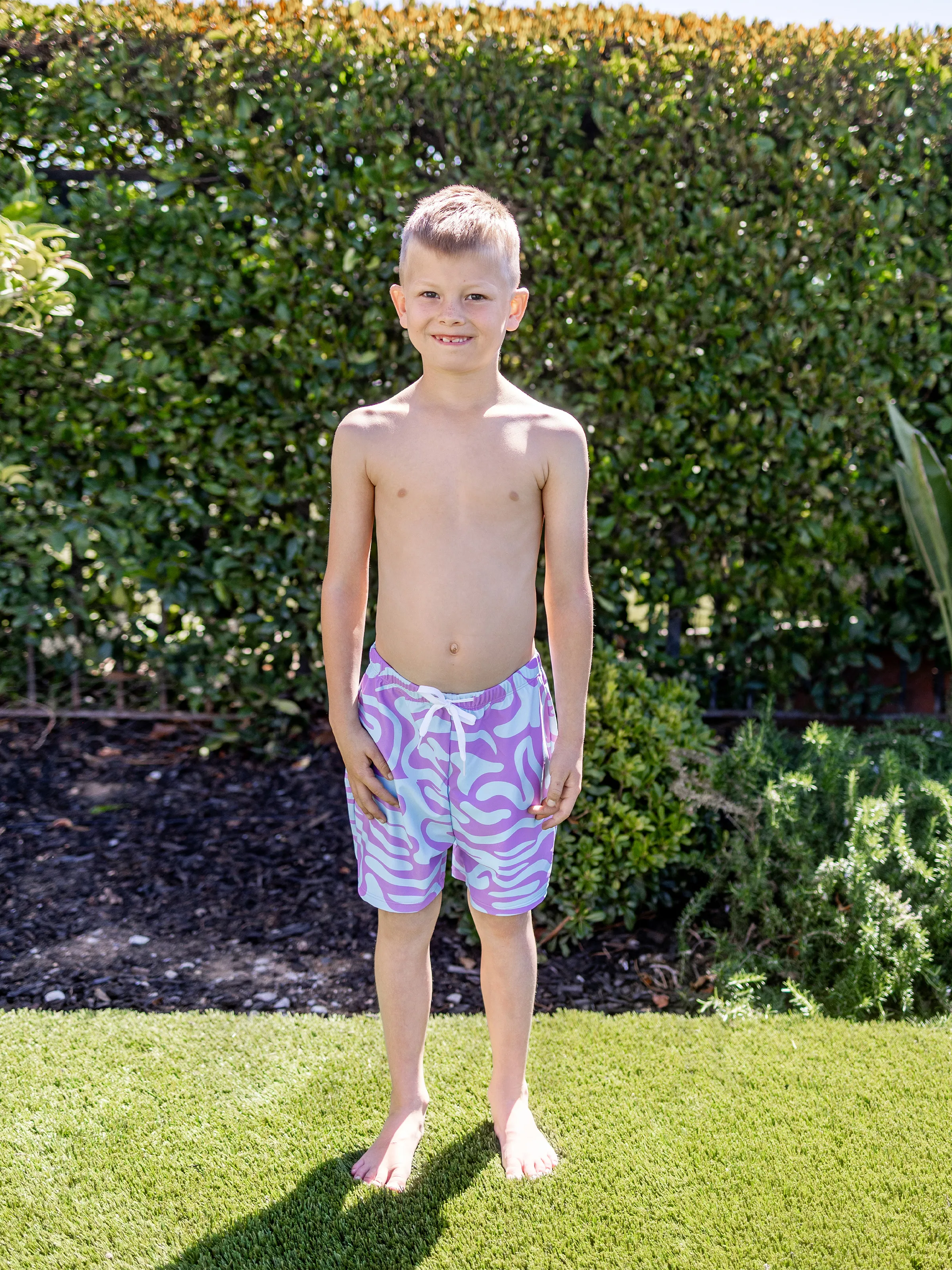 Daddy & Son Trendy Purple & Blue Wave Print Swim Trunks Purple - Image 8