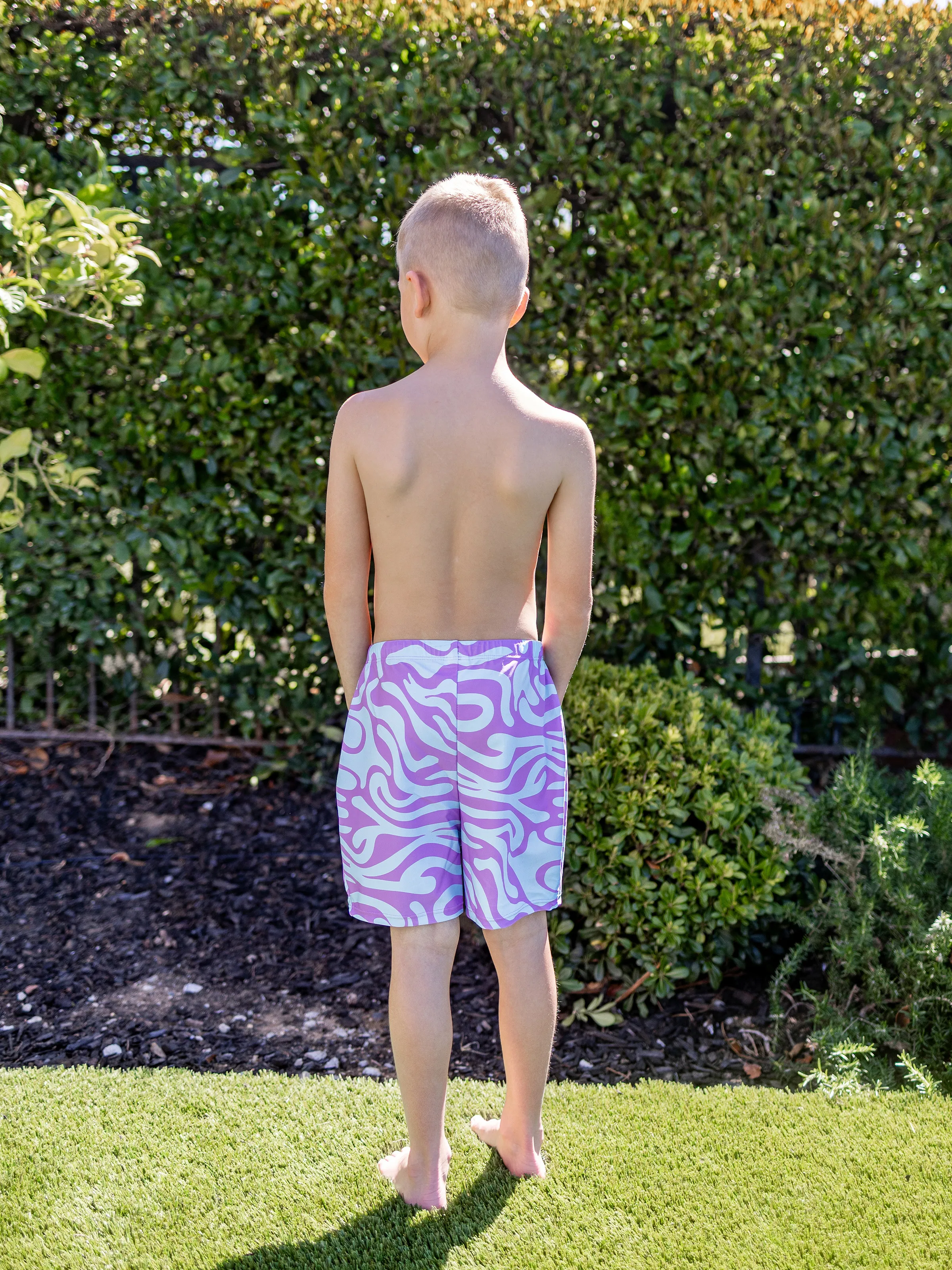 Daddy & Son Trendy Purple & Blue Wave Print Swim Trunks Purple - Image 9
