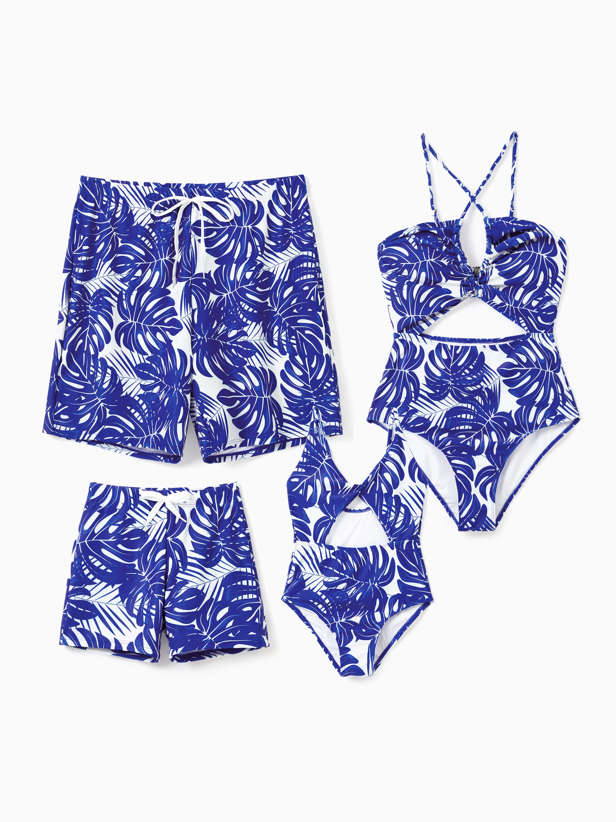 Daddy & Daughter Tropical Leaf Print Swim Trunks or Hollow-out  Crisscross Straps One-piece Swimsuit Blue - Image 2