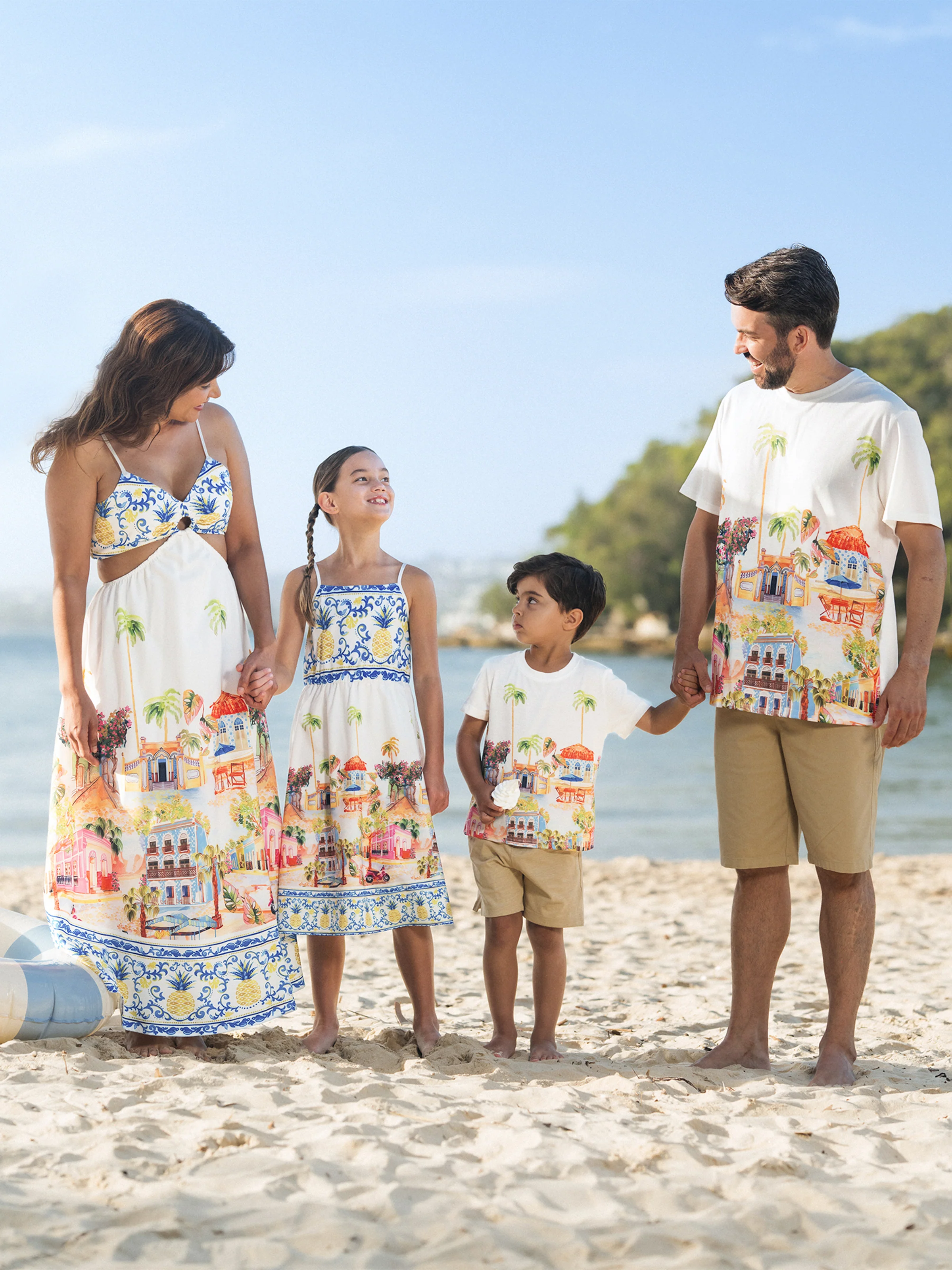 Daddy & Son Vacation Set Tropical Pineapple Coconut Tree Print Short-sleeve T-shirt or Hollow out Strap Dress for Summer Vacation White - Image 2