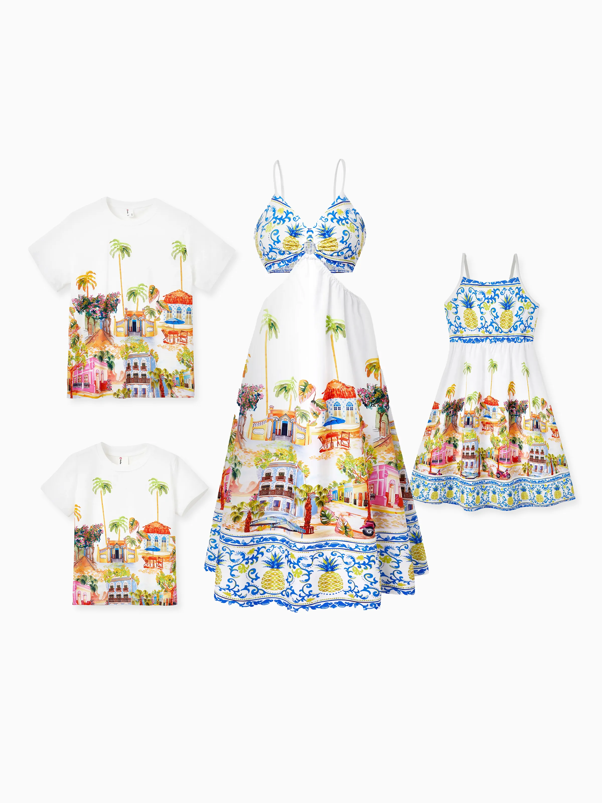 Daddy & Son Vacation Set Tropical Pineapple Coconut Tree Print Short-sleeve T-shirt or Hollow out Strap Dress for Summer Vacation White - Image 3