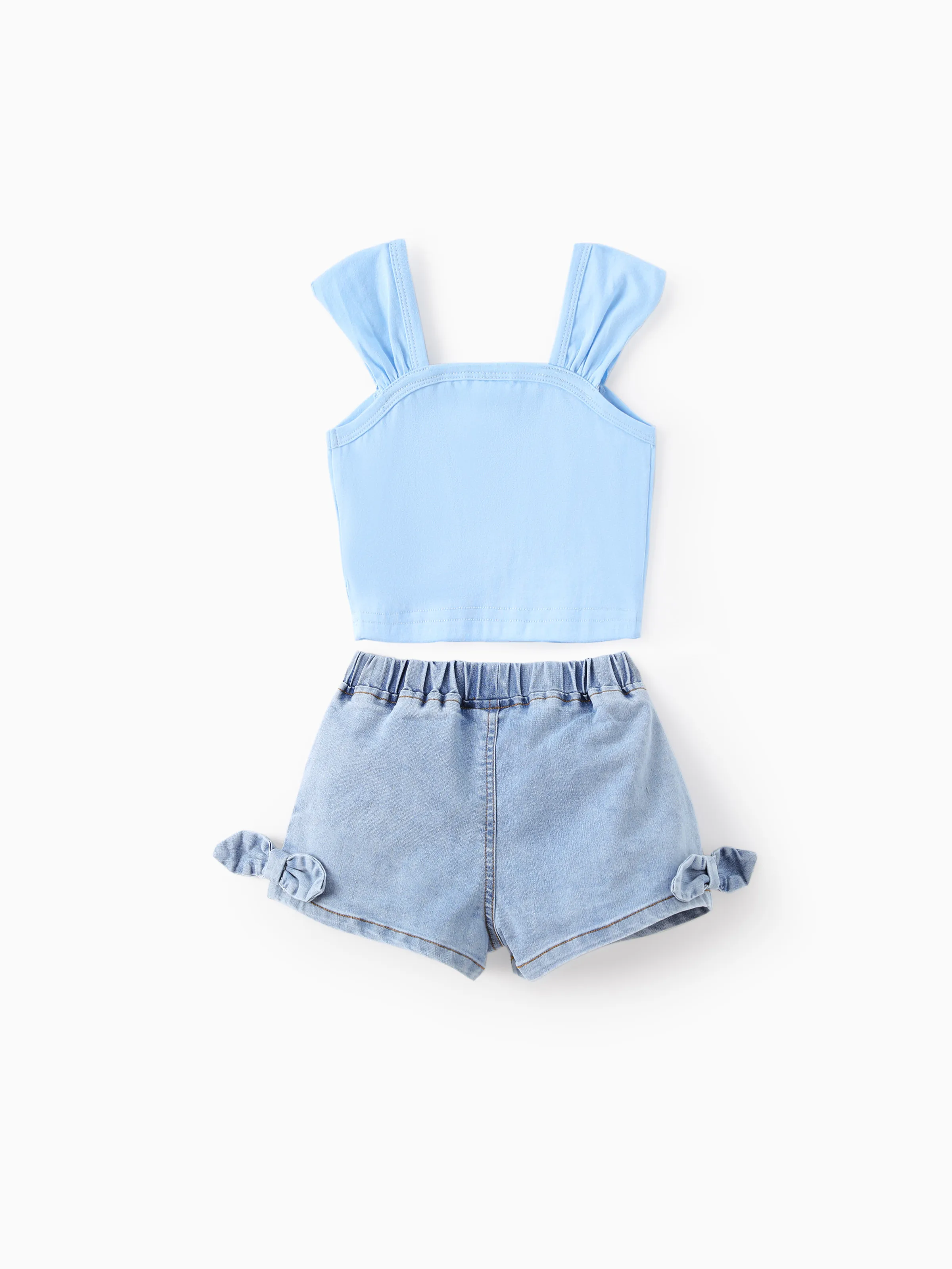Disney Frozen Toddler Girl 2pcs Cotton Elsa Pattern Tank Top And Bowknot Denim Shorts Set Blue - Image 3