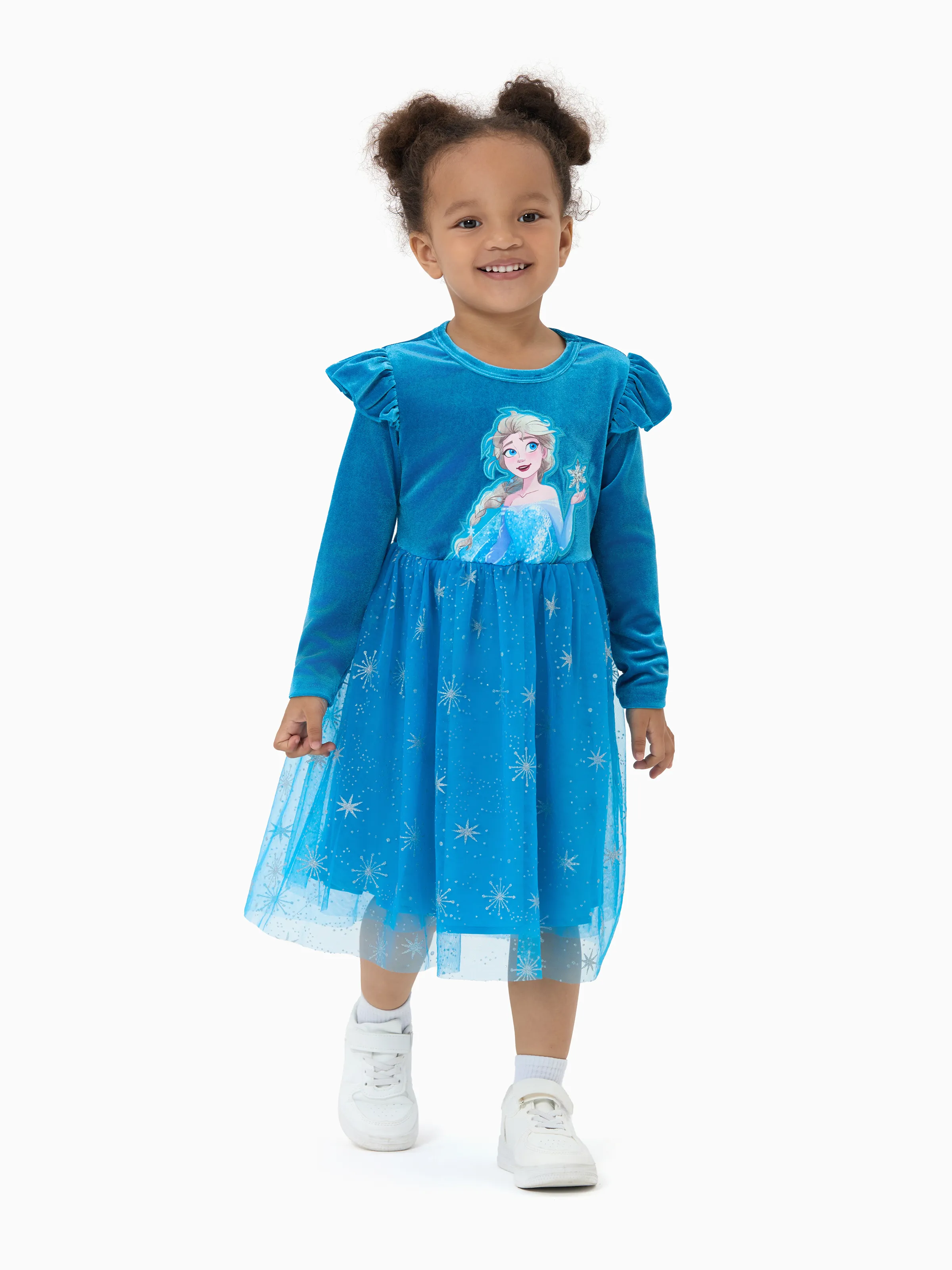 Disney Frozen Toddler Girl Elsa Flutter-sleeve Velvet Mesh Spliced Dress Blue - Image 4