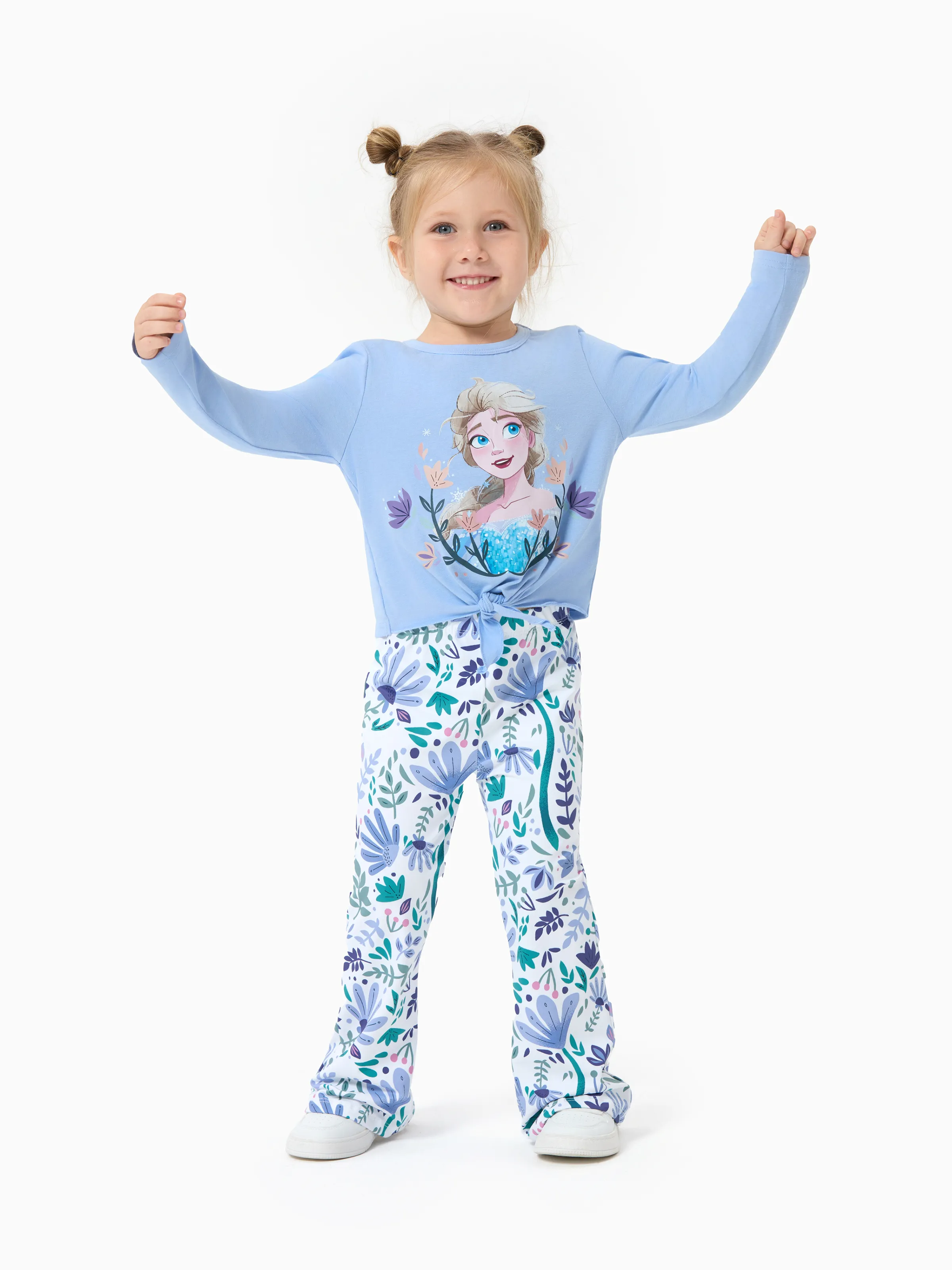 Disney Frozen Toddler/Kids Girl 2pcs Elsa Chic Hem Cotton Long-sleeve Top and Floral Printed Flare Pants Set Blue - Image 4