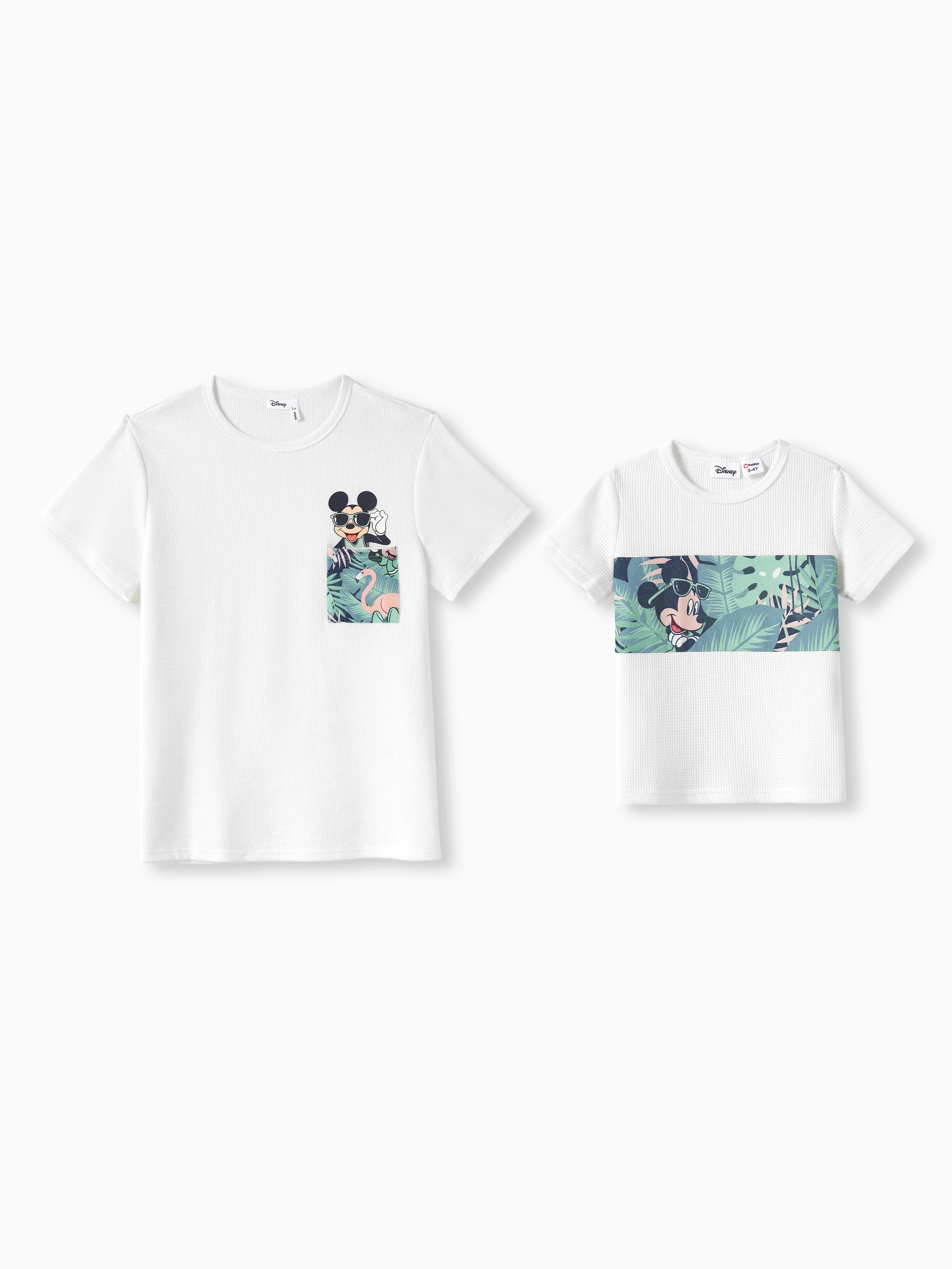 Disney Mickey and Friends Daddy & Son Tropical Botanical Print Waffle Fabric T-shirt greenwhite - Image 11